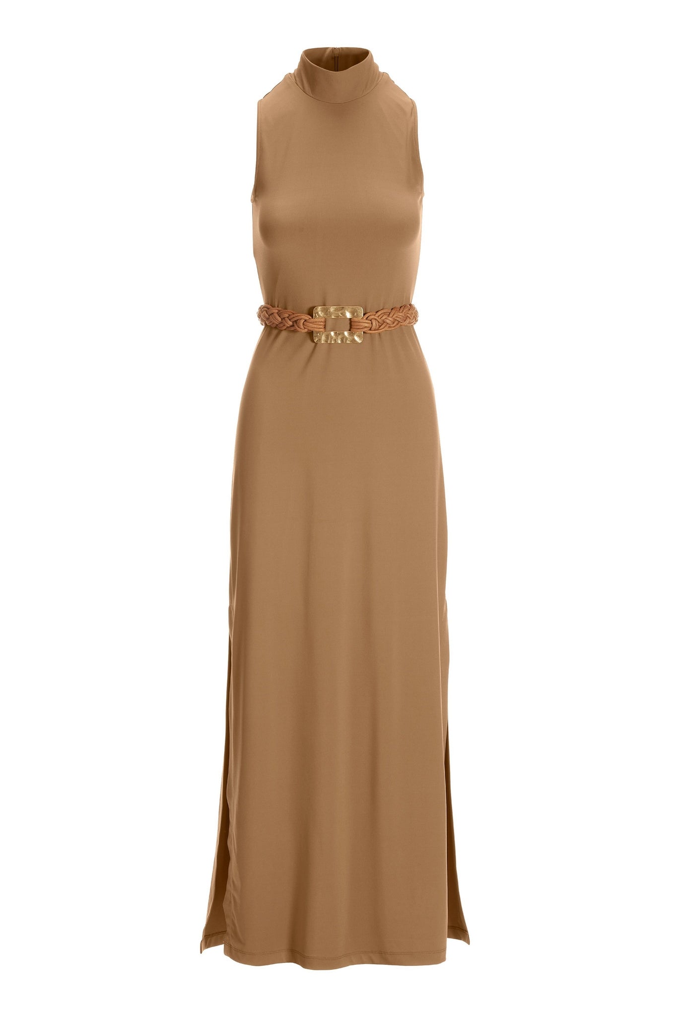 Mock Neck Belted Dress Tobacco Brown