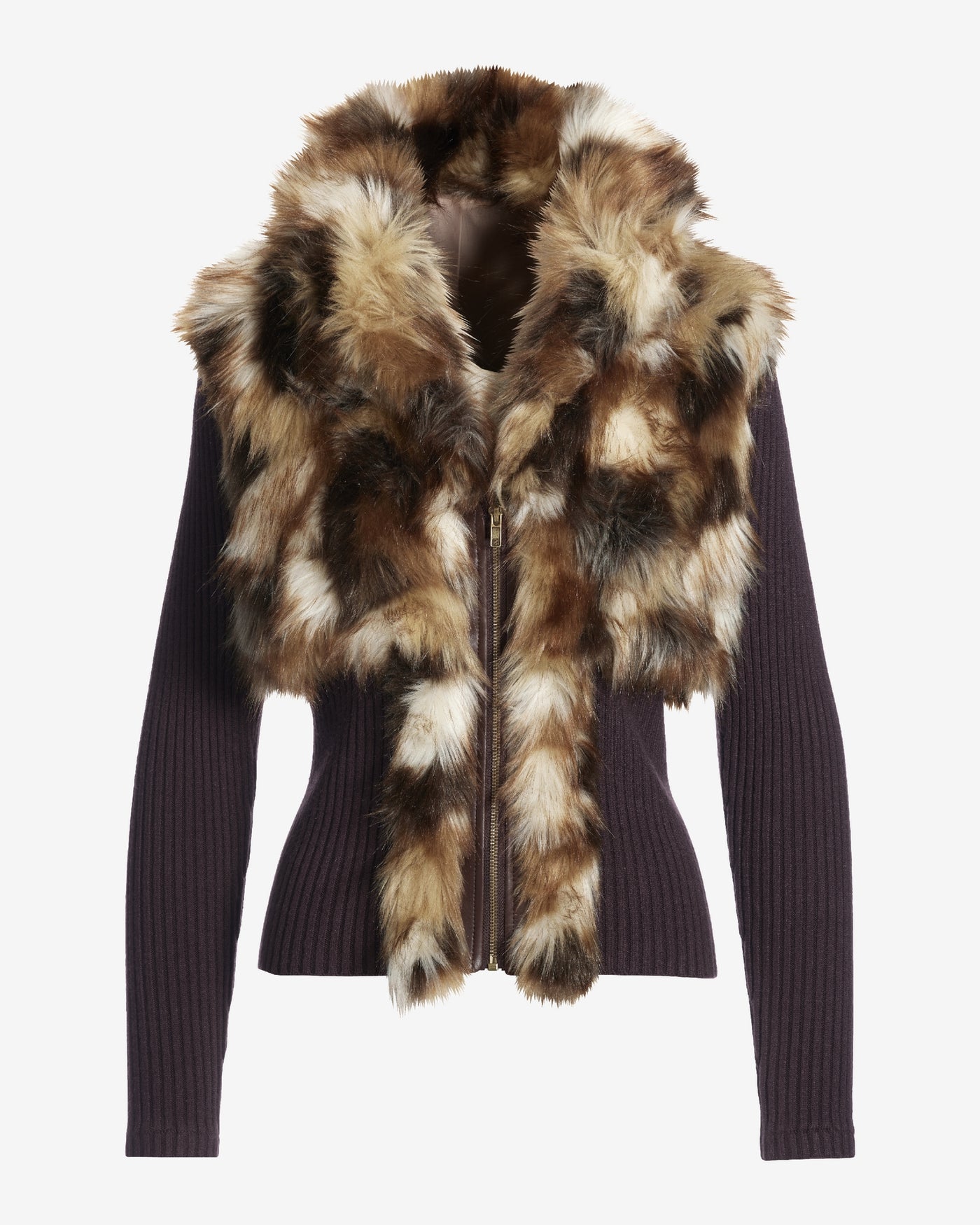Faux Fur Collared Zip Up Sweater Cardigan Brown Multi