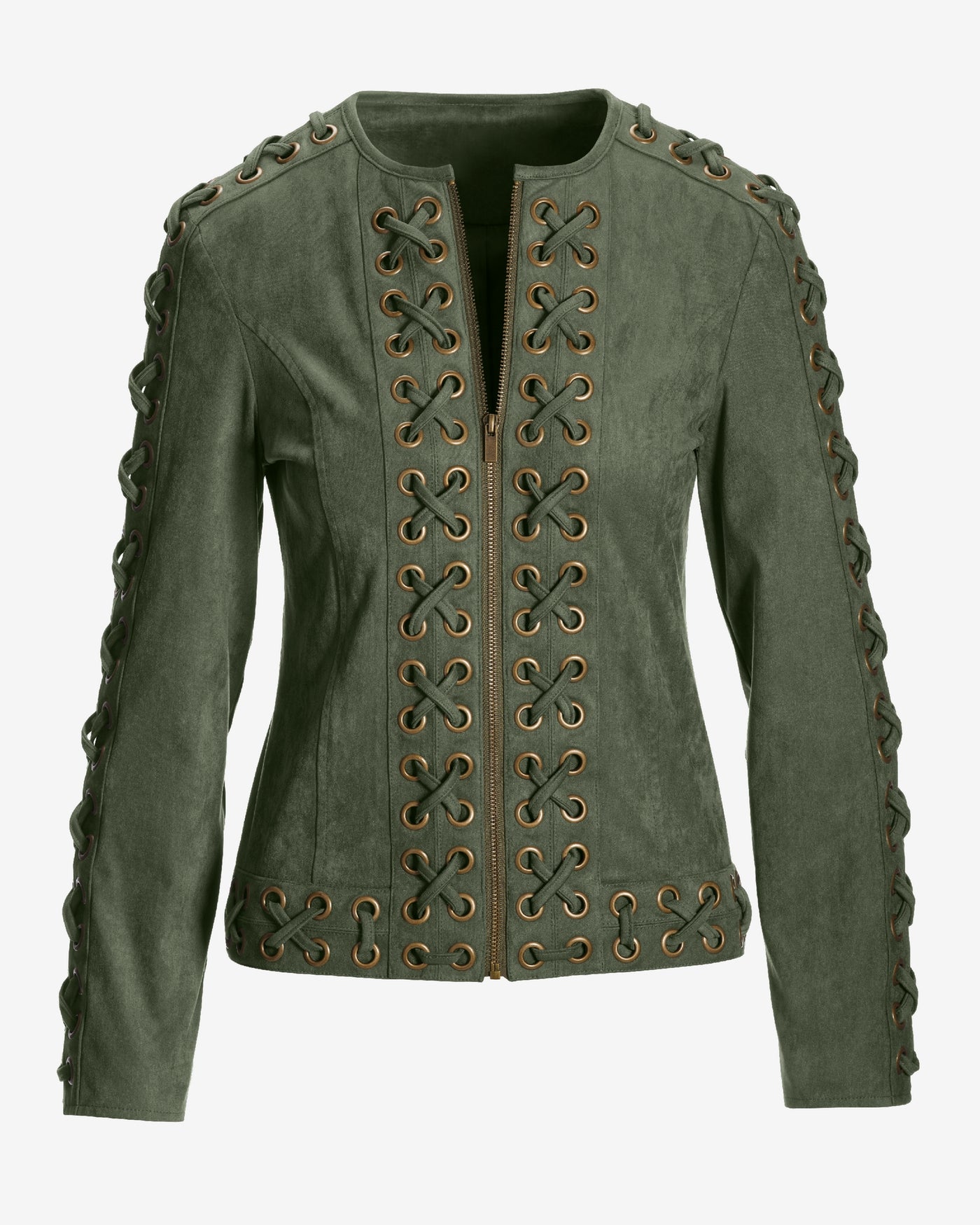 Faux Suede Grommet Lace-Up Jacket Olive