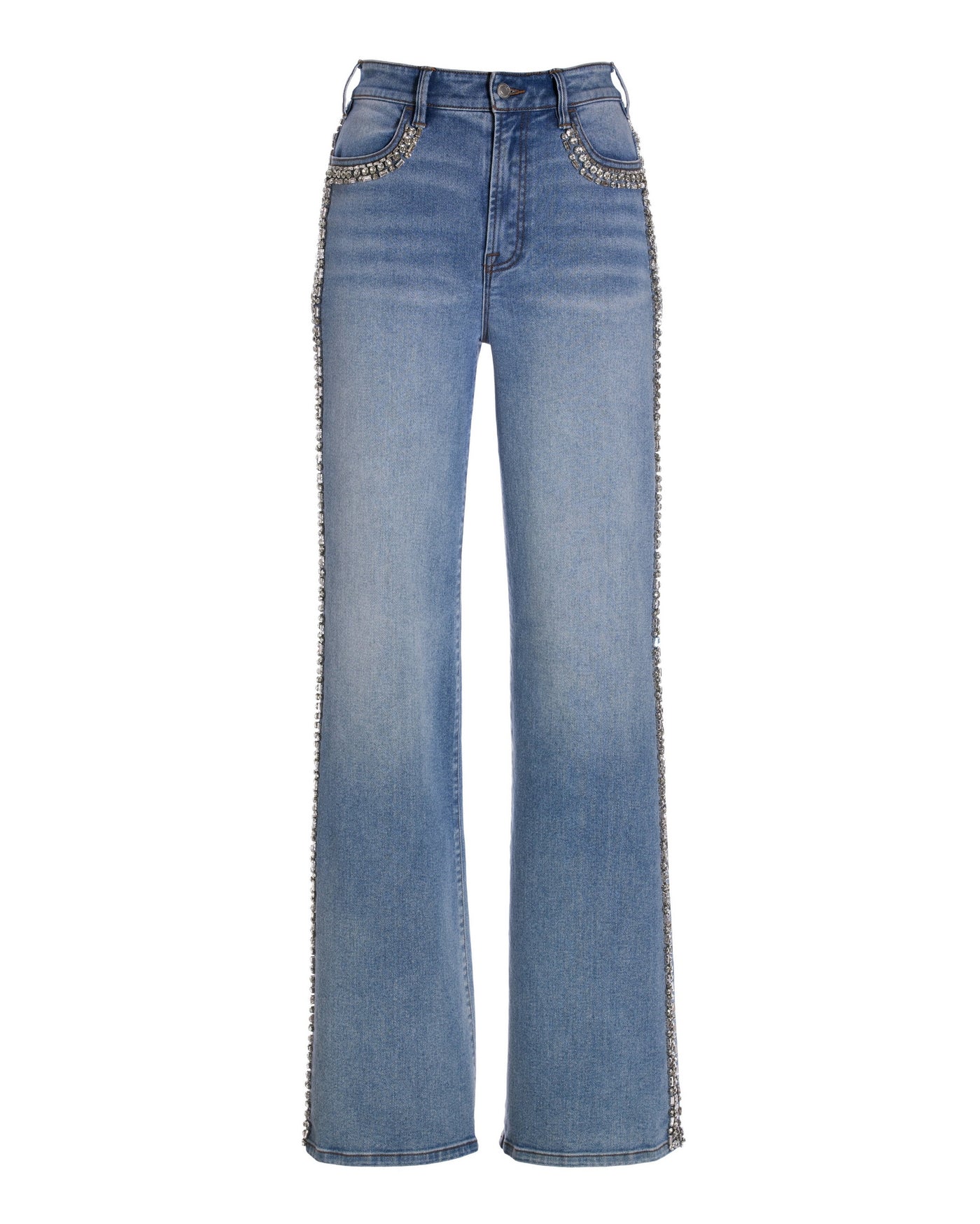 Malibu Embellished Crystal Trim Palazzo Jean Light Wash Denim