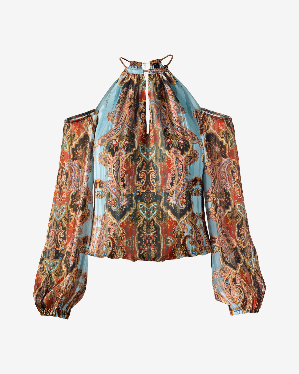 Printed Halter Keyhole Cold Shoulder Blouse Bohemian Scroll