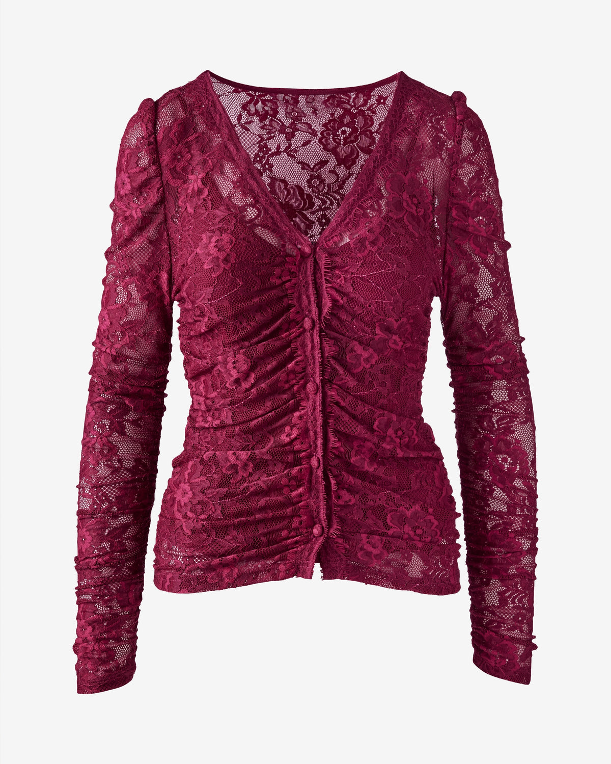 Lace Button Front Knit Top Oxblood