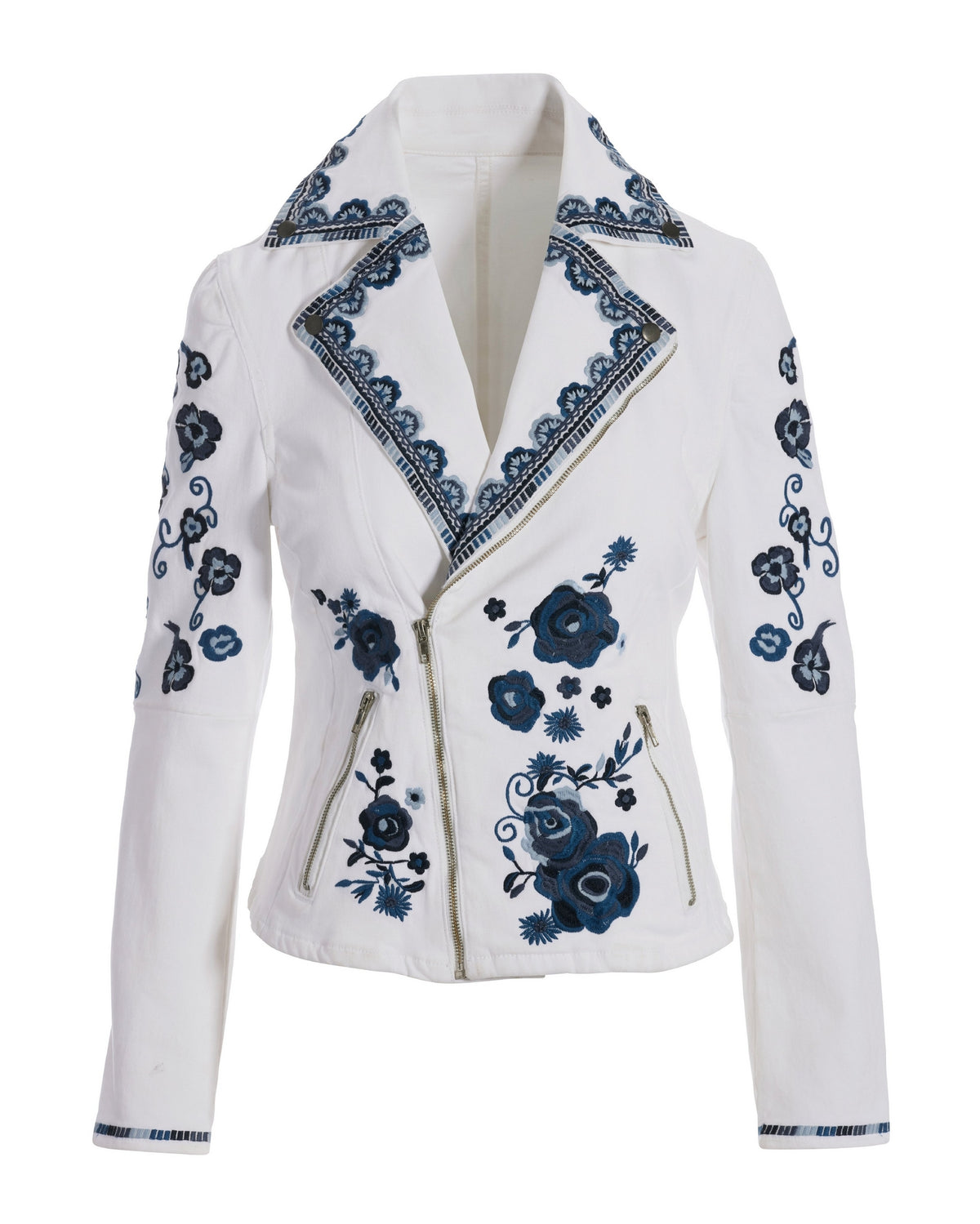 Floral Embroidered Denim Moto Jacket White Multi