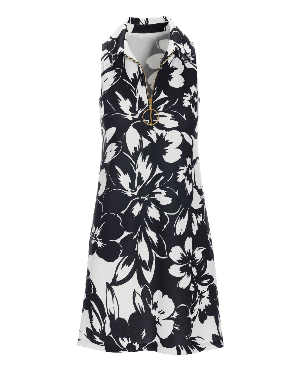 Exploded Florals Print Zip Collar Dress Black/White