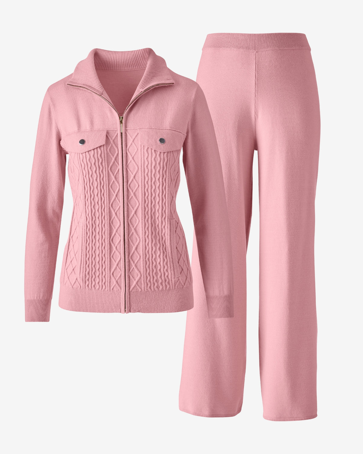 Cable Zip Up Sweater Set Coral Blush