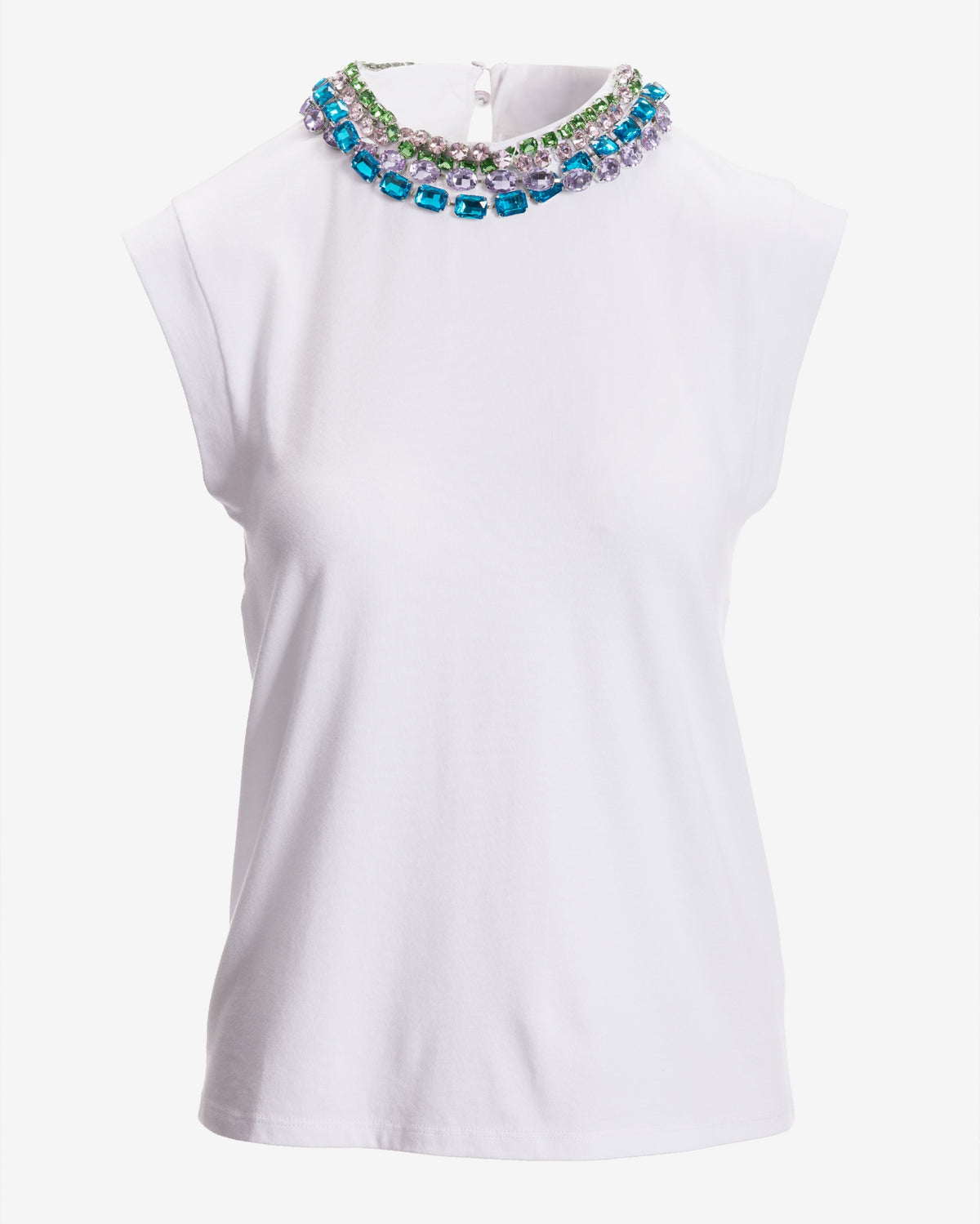 Jeweled Collared Neck T Shirt White