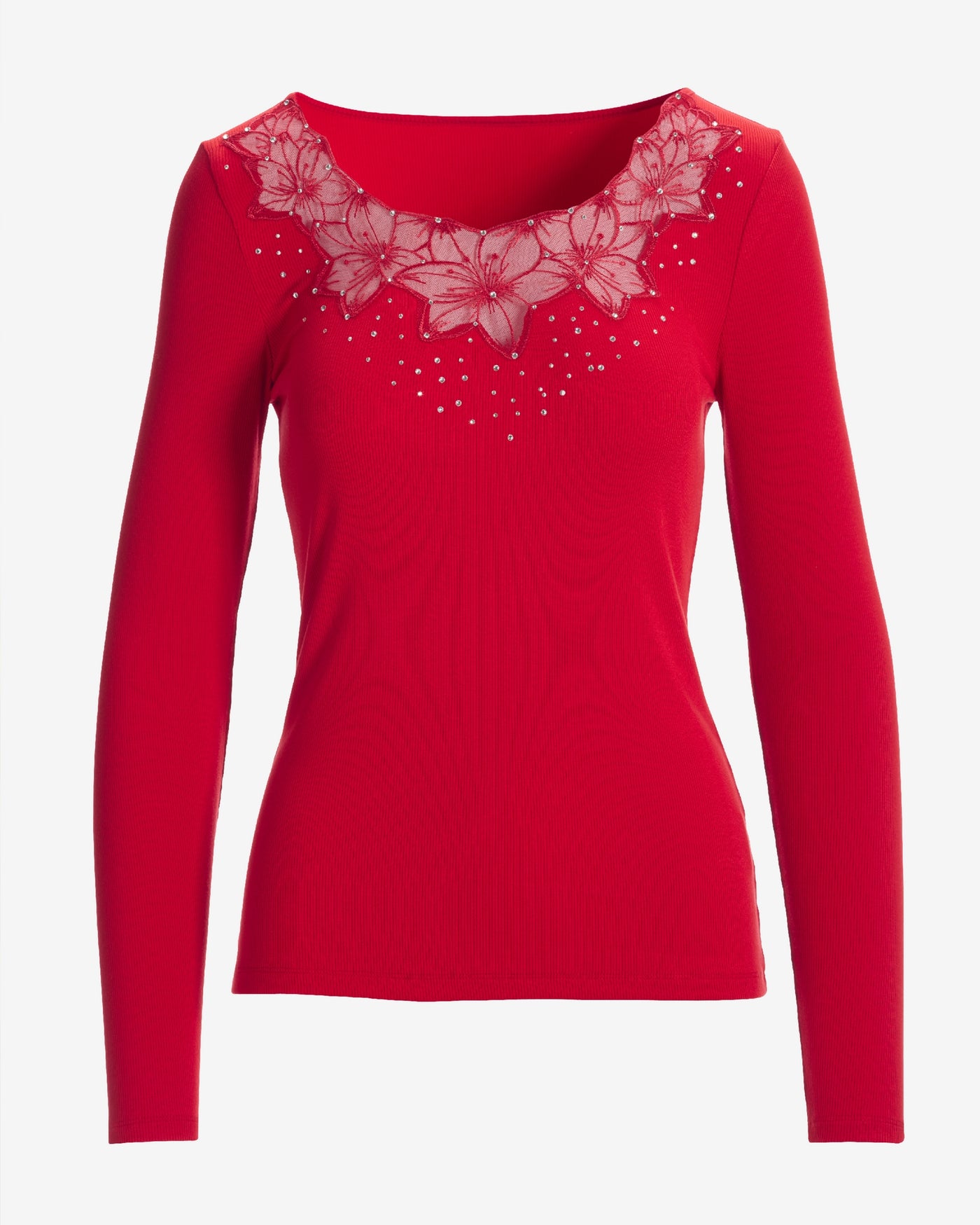 So Essential Mesh Floral Long Sleeve Ribbed Top Tomato Red