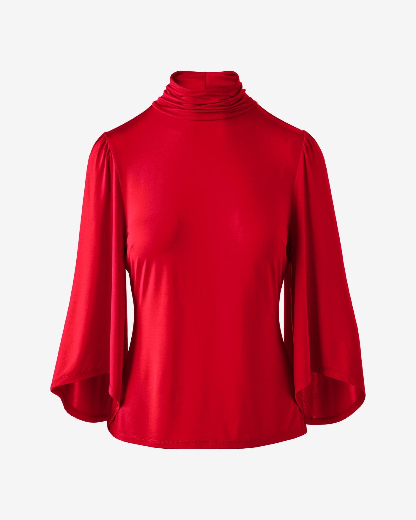 Ruched Flare Sleeve Turtle Neck Tomato Red
