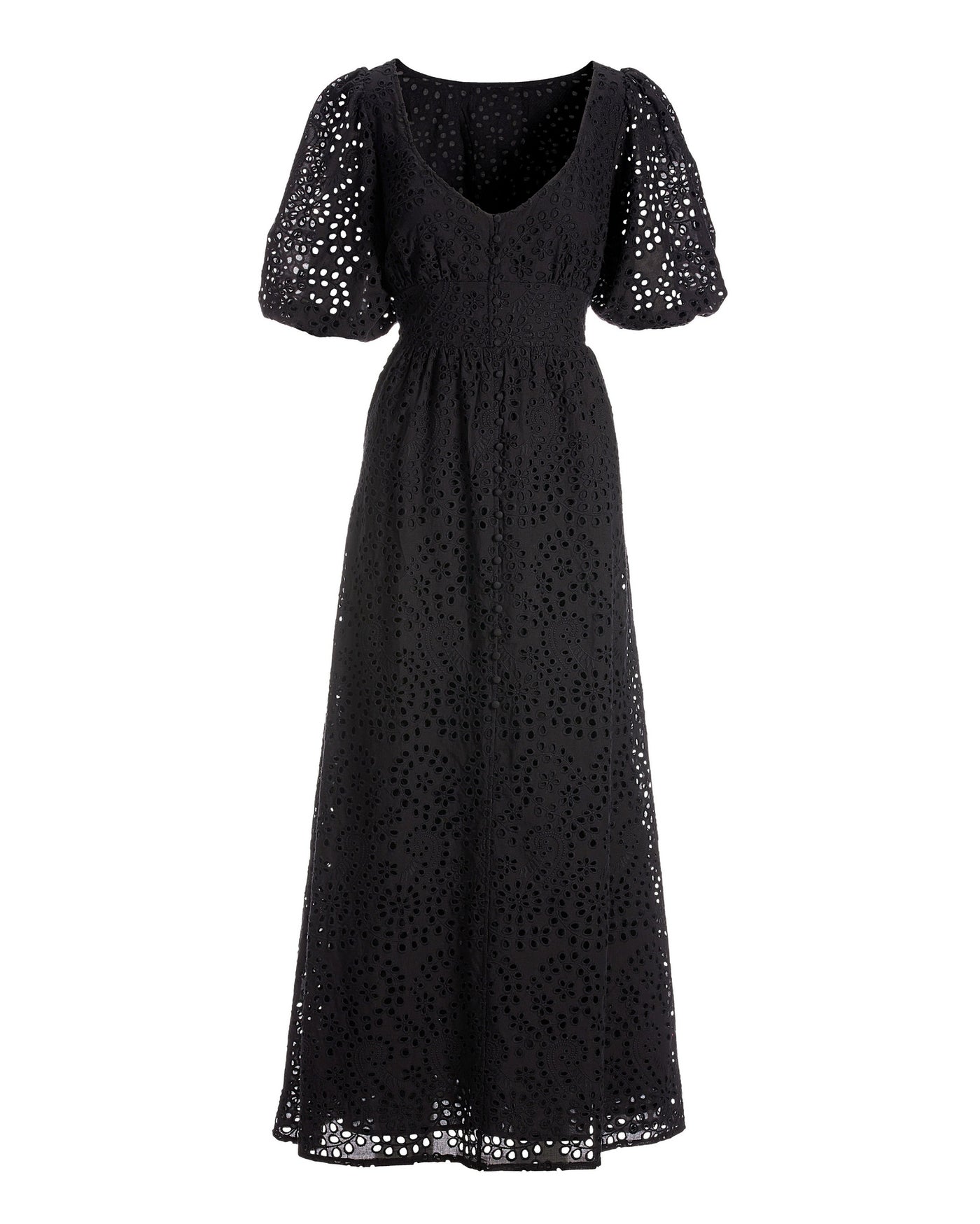 Eyelet Covered-Button Maxi Dress Black