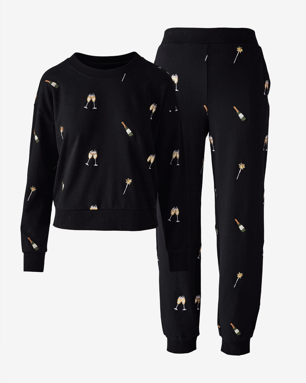 French Terry Champagne and Sparklers Embroidered Set Black