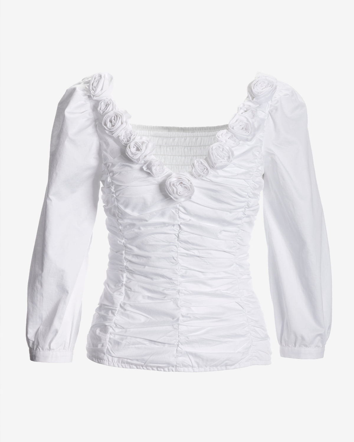 Rosette Ruched Poplin Blouse Pure White