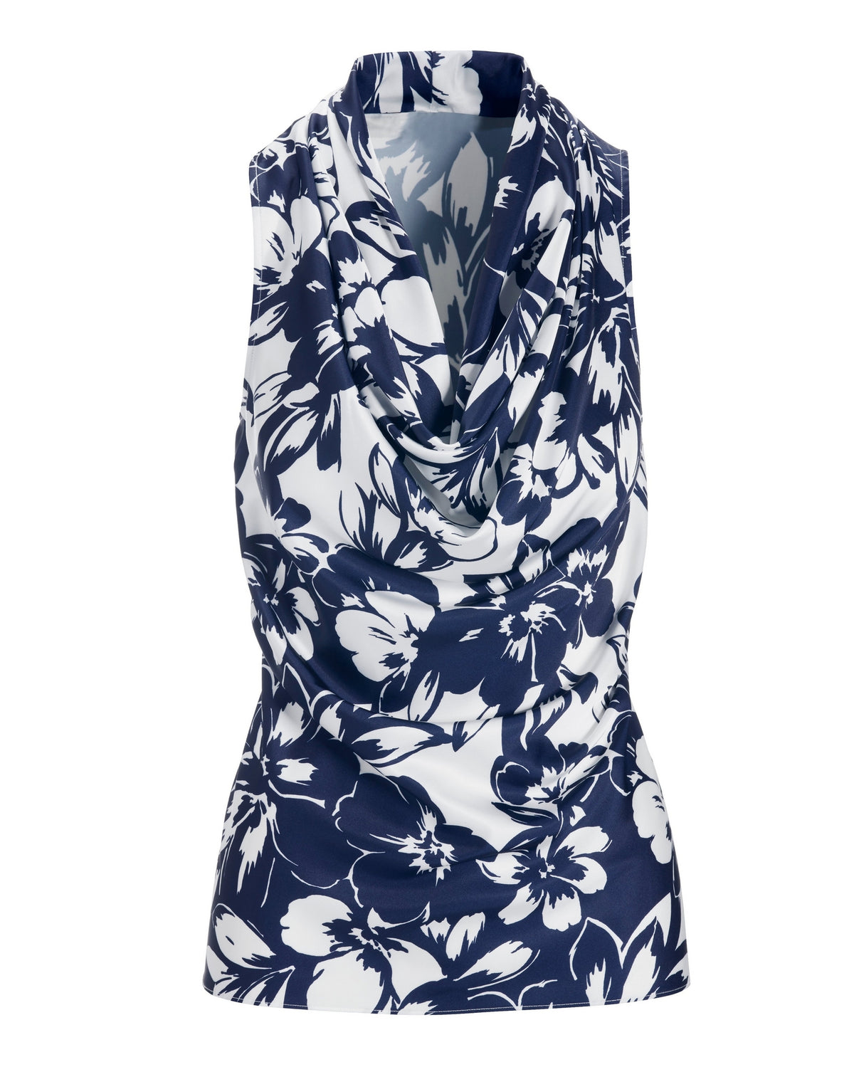 Exploded Florals Print Marilyn Cowl-Neck Charmeuse Blouse Navy/White