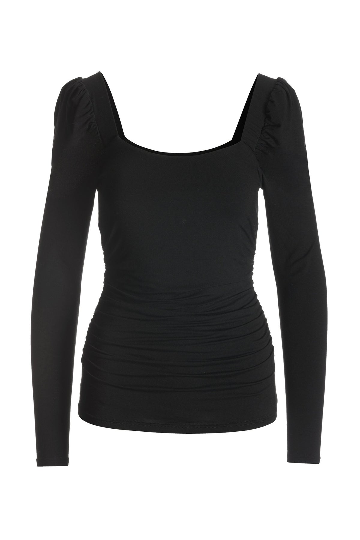 Ruched Square Neck Puff Sleeve Black