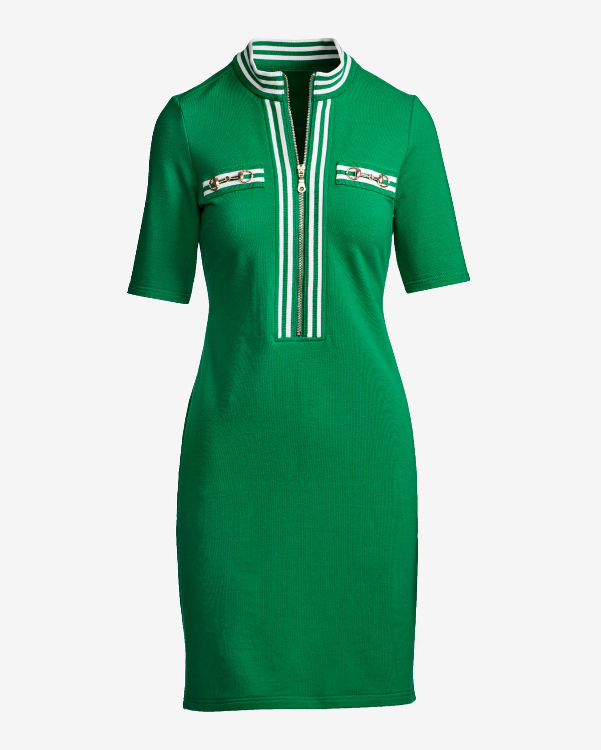 Striped French Terry Hardware Zipper Dress Green/White