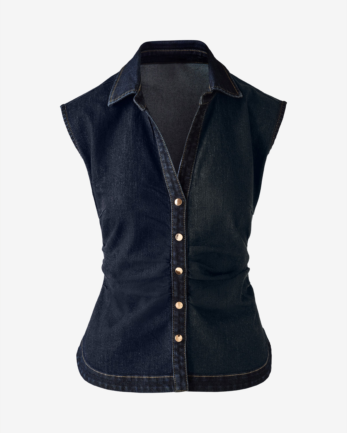 Denim Ruched Cap Sleeve Shirt Dark Rinse