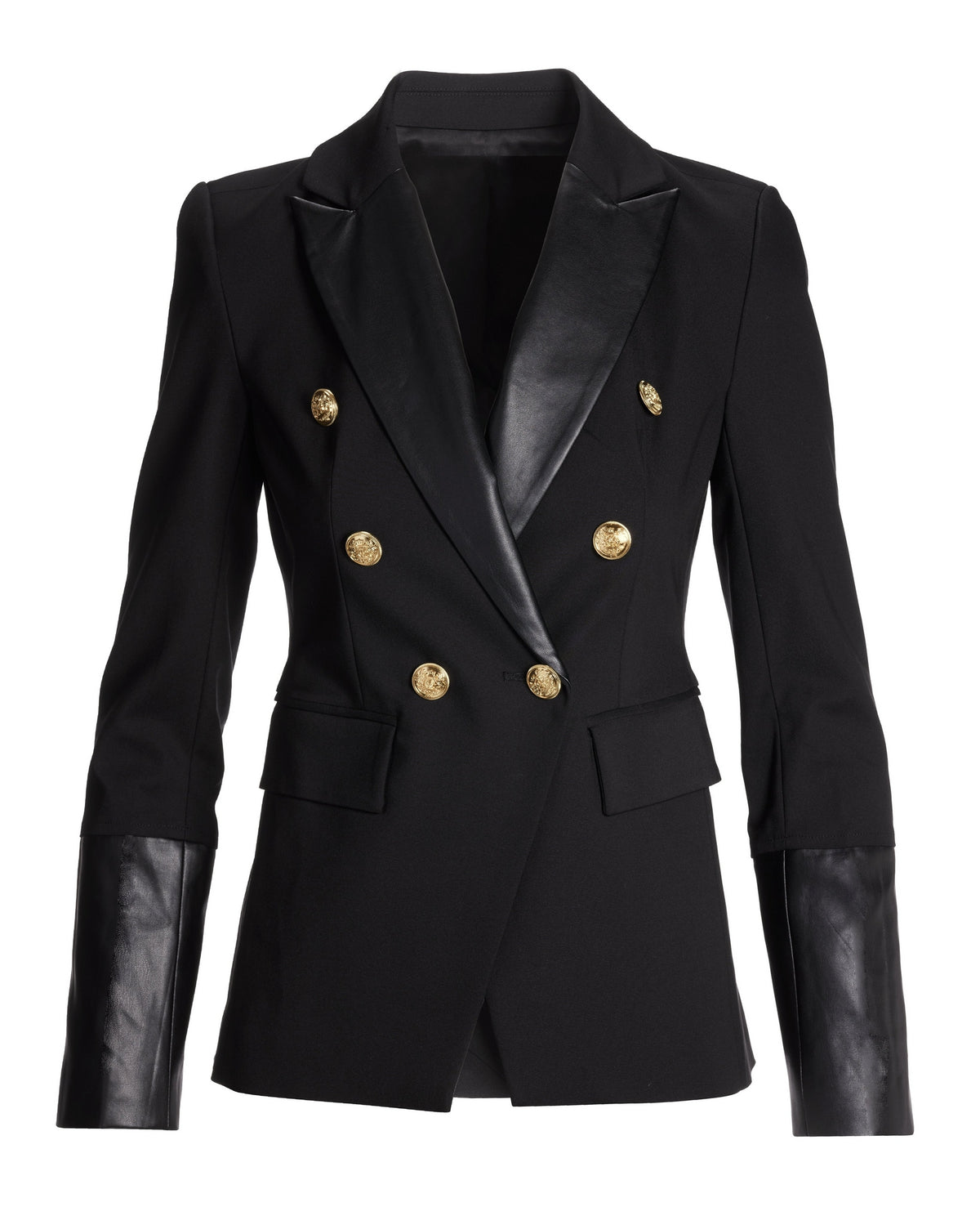 Leather Detailed Modern Double-Breasted Blazer Black