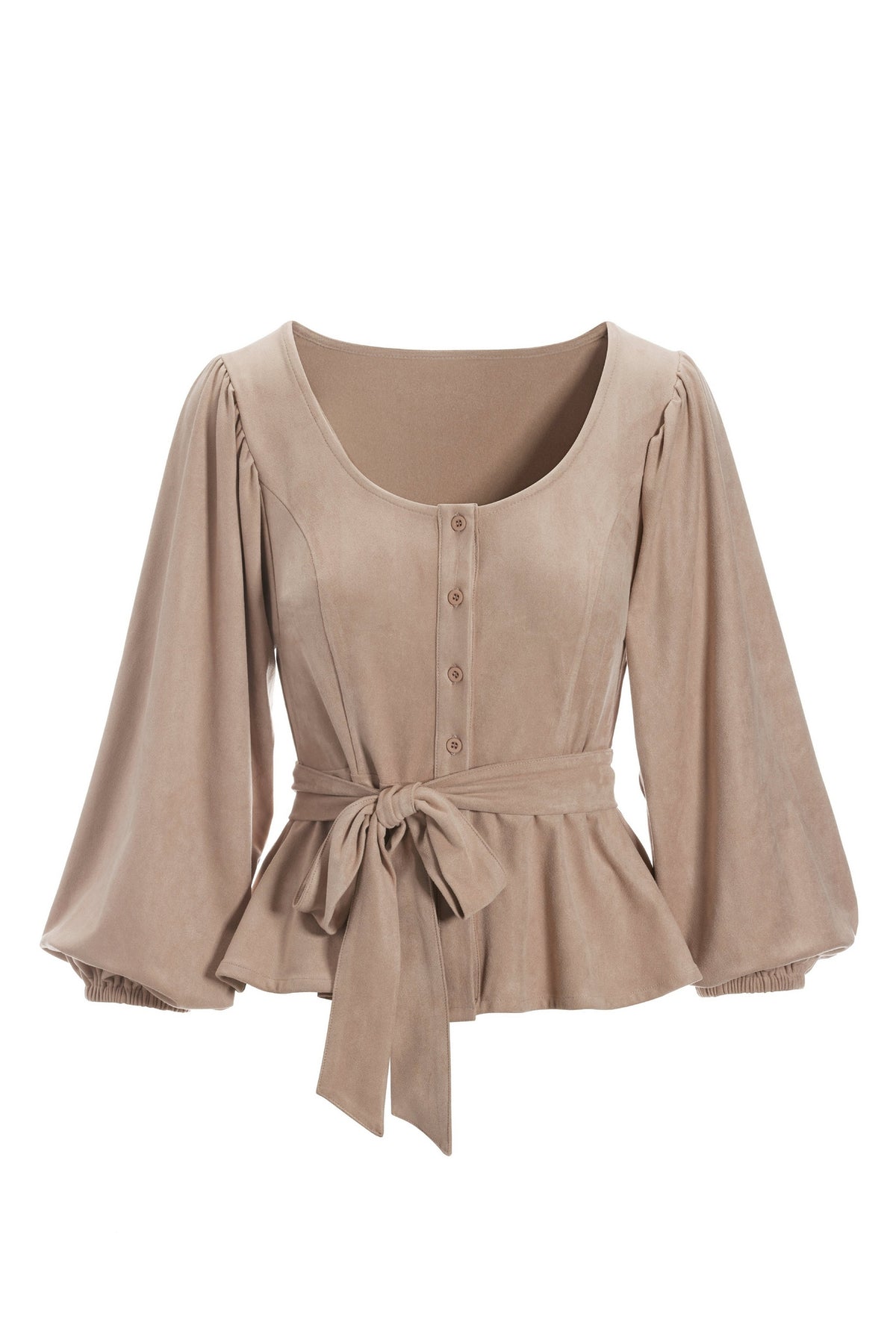 Faux Suede Button Down Puff Sleeve Top Tan