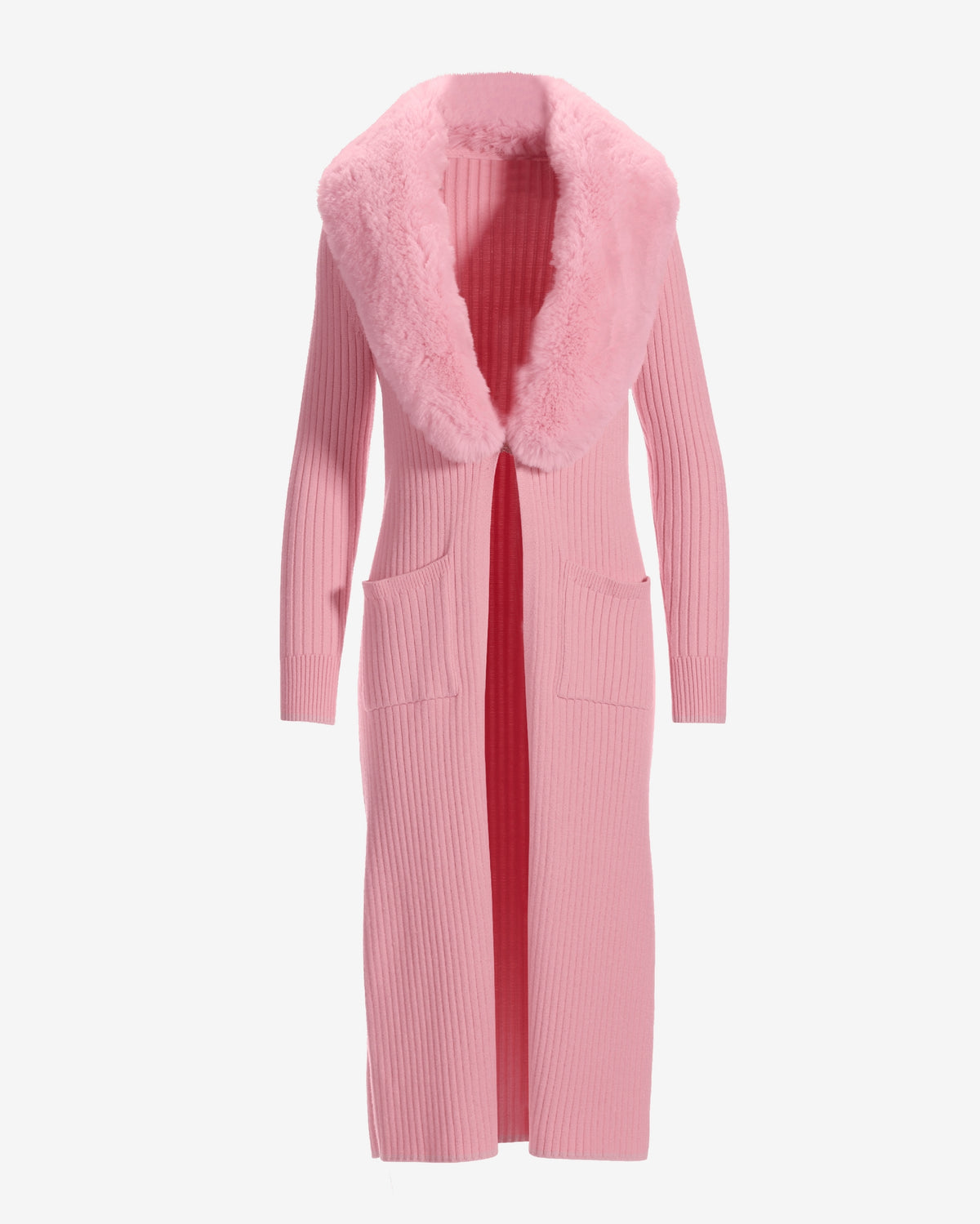 Faux Fur Collar Ribbed Long Cardigan Rose Shadow