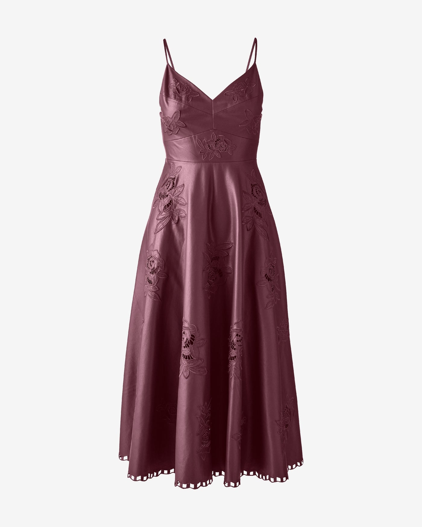Faux Leather Floral Cut Out Fit and Flare Dress Mauve Wine