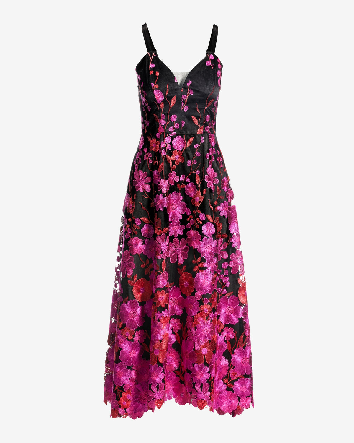 Floral Embroidered Mesh A Line Midi dress Black Multi
