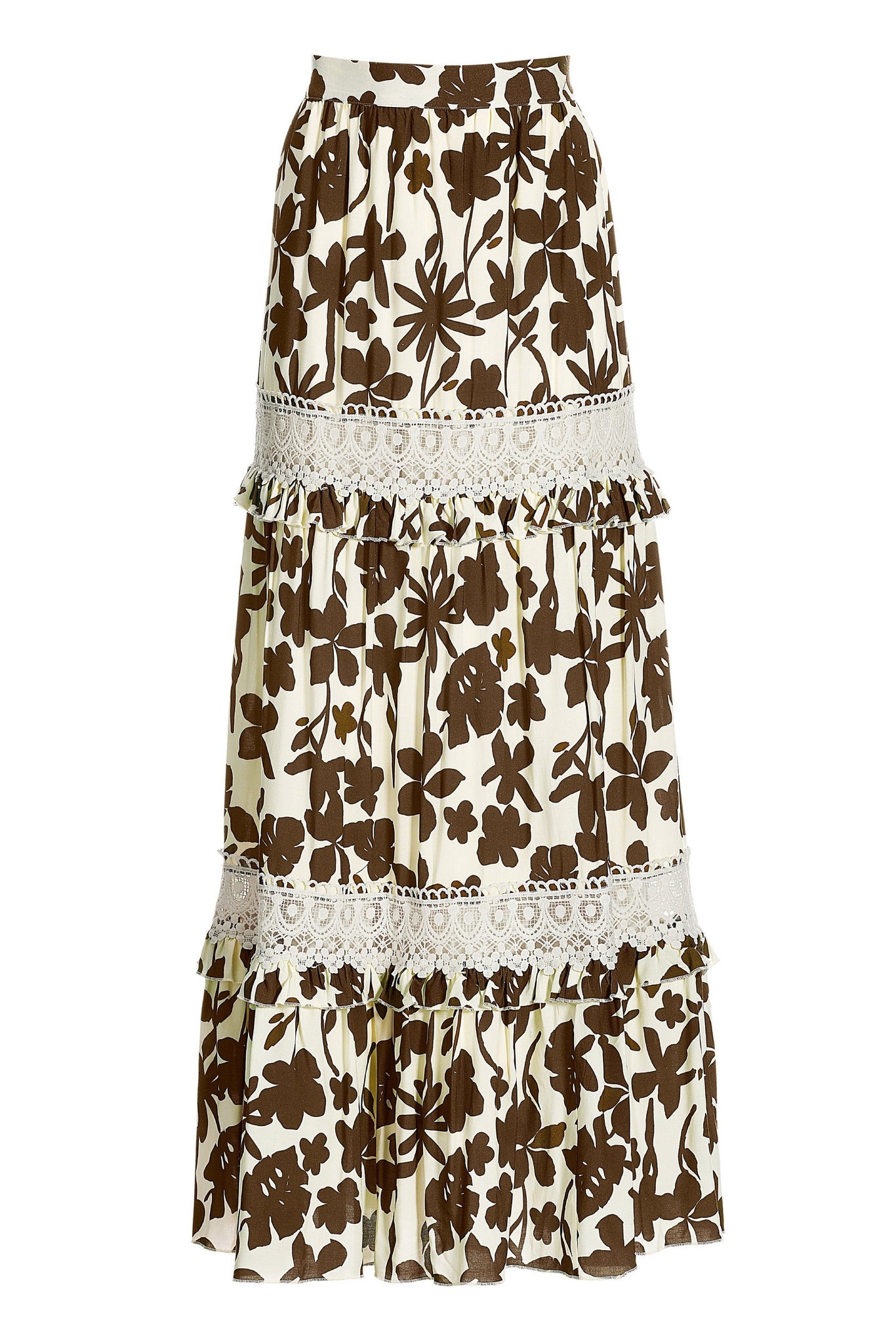 Floral Print Lace Tiered Maxi Skirt Cream/Brown