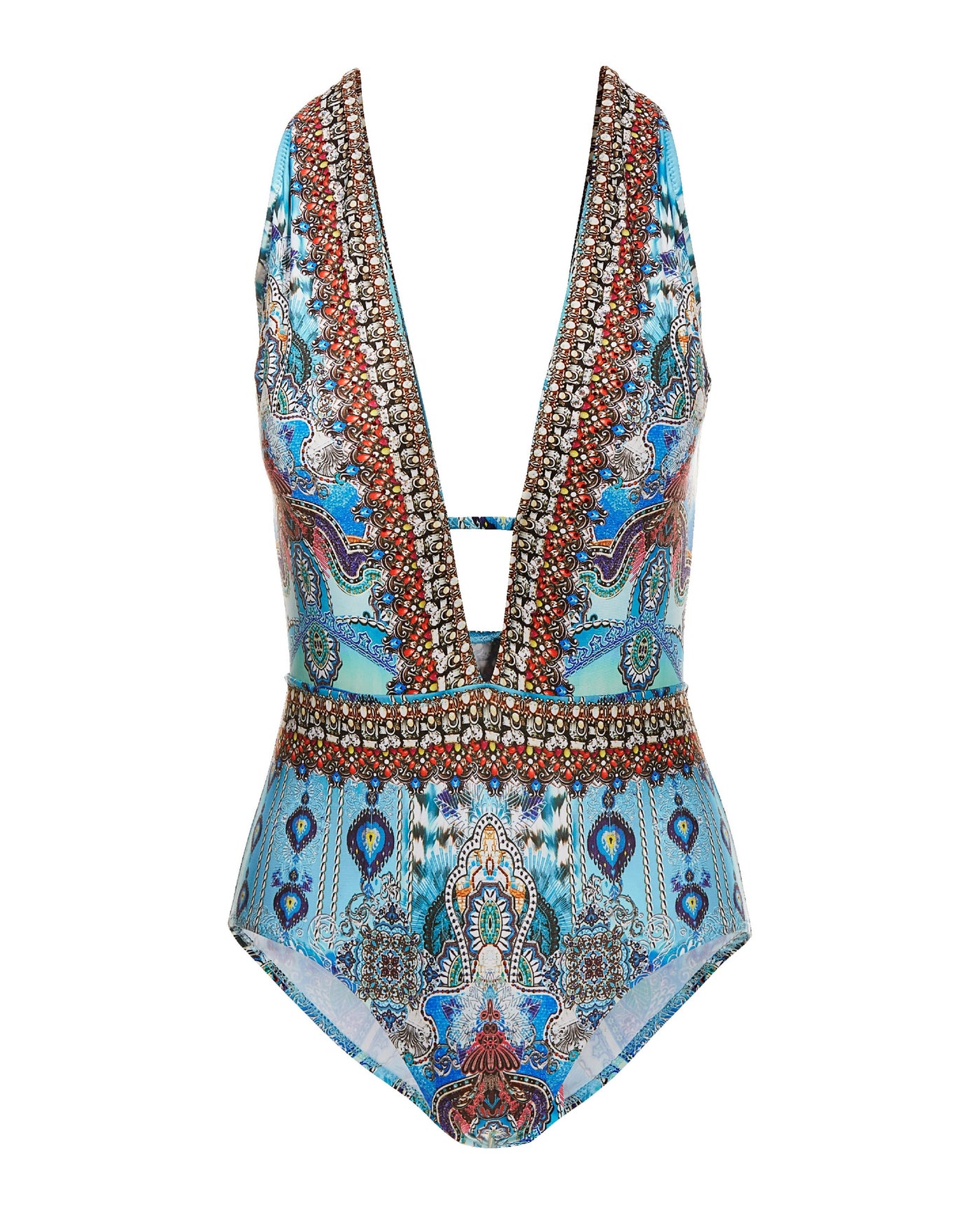 Multi Printed Plunge One Piece Swimsuit Blue Multi