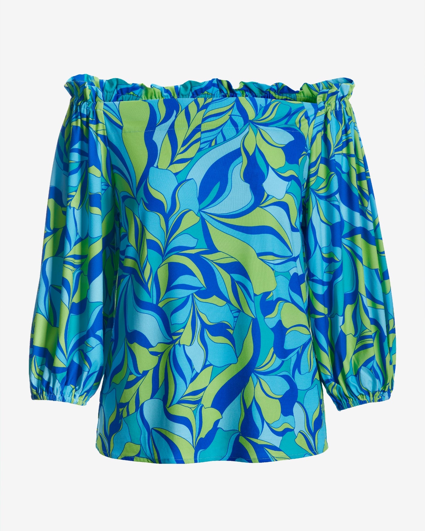 So Chic Limelight Leaves Off The Shoulder Balloon Sleeve Top Green/Teal