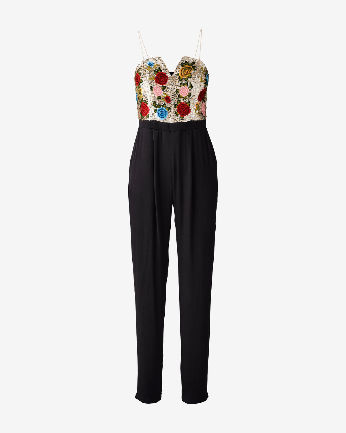 Floral Sequin Embroidered Strapless Jumpsuit Black Multi