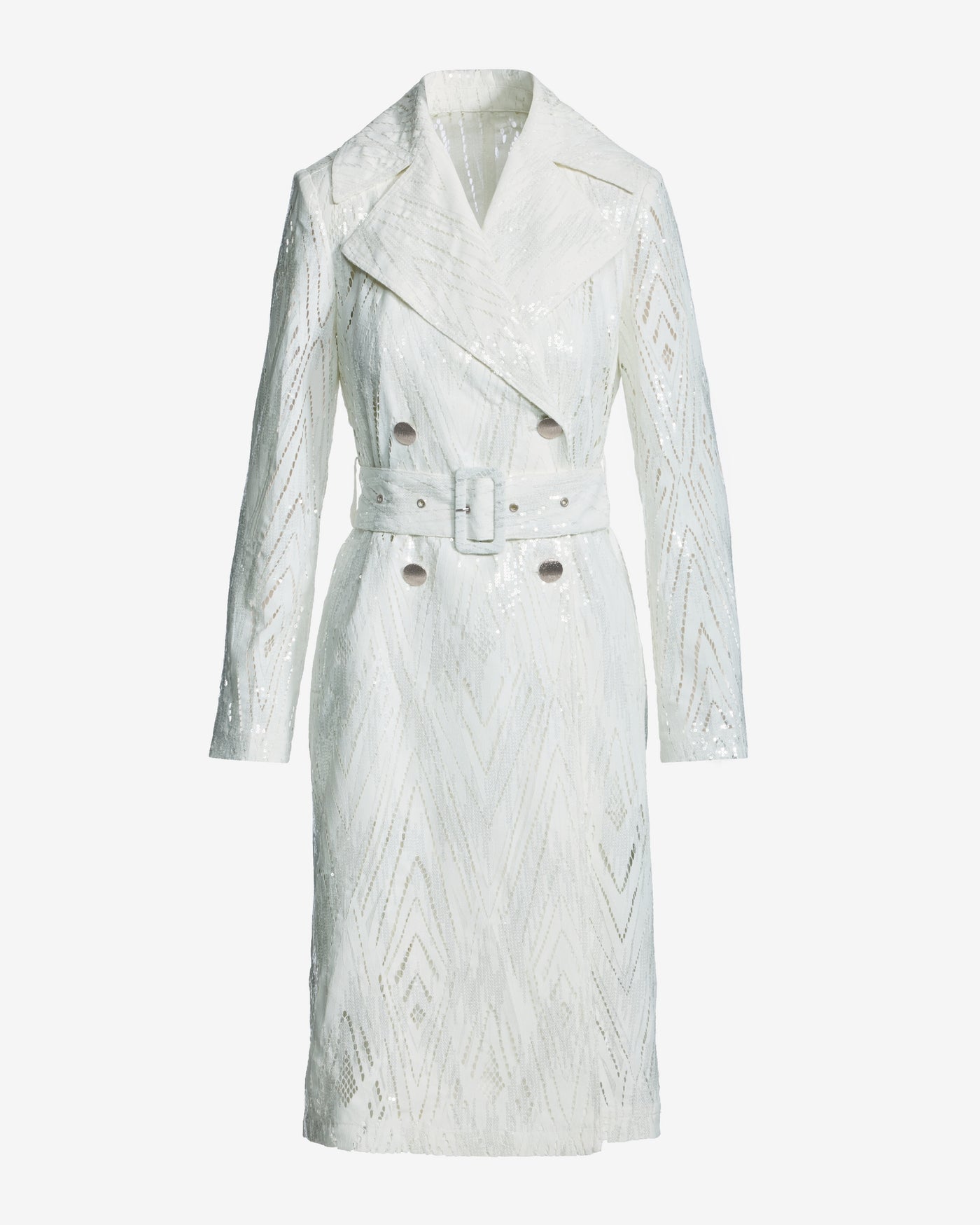 Clear Sequin Coated Lace Feminine Trench Coat White