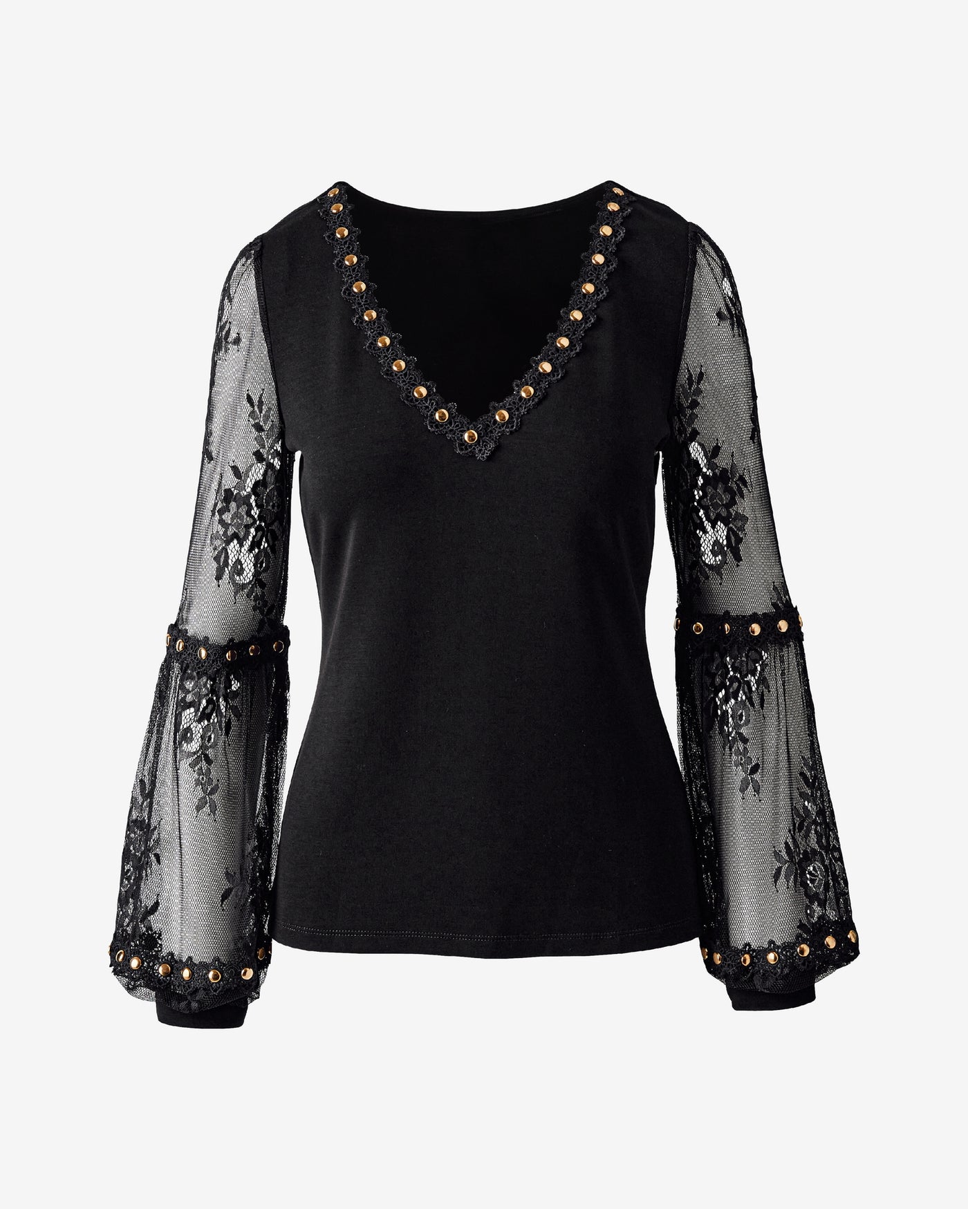 V Neck with Lace and Stud Trim Black