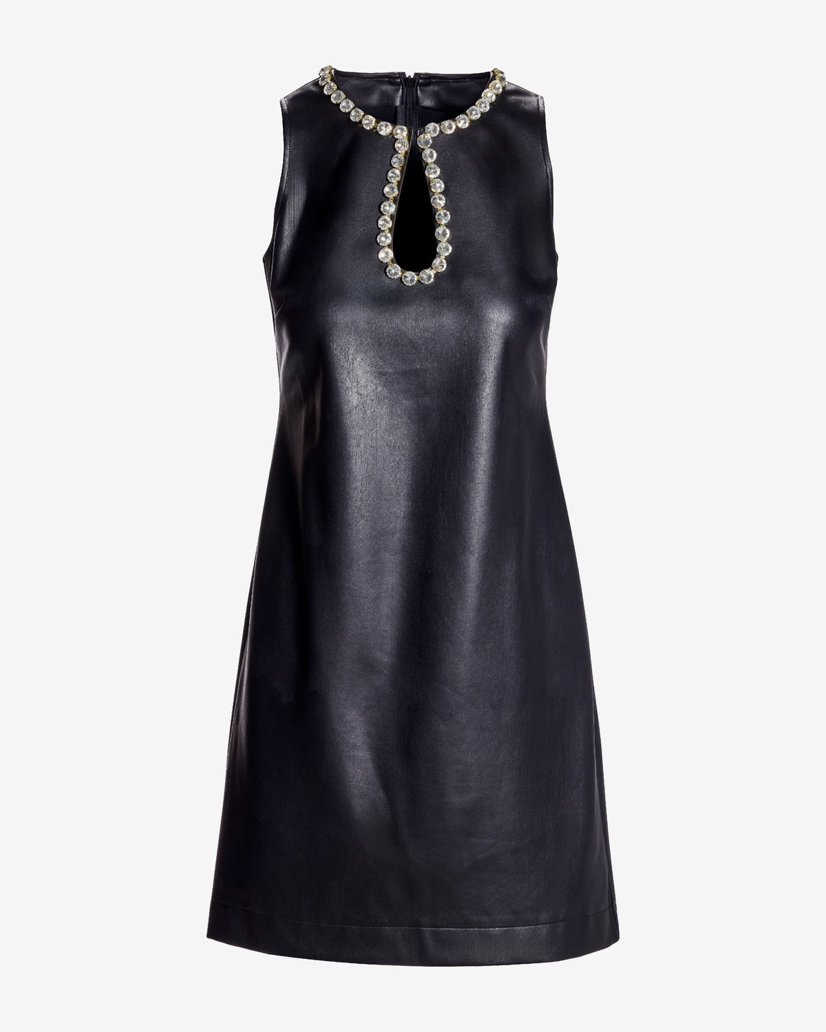 Faux Leather Crystal Embellished Keyhole Shift Dress Black