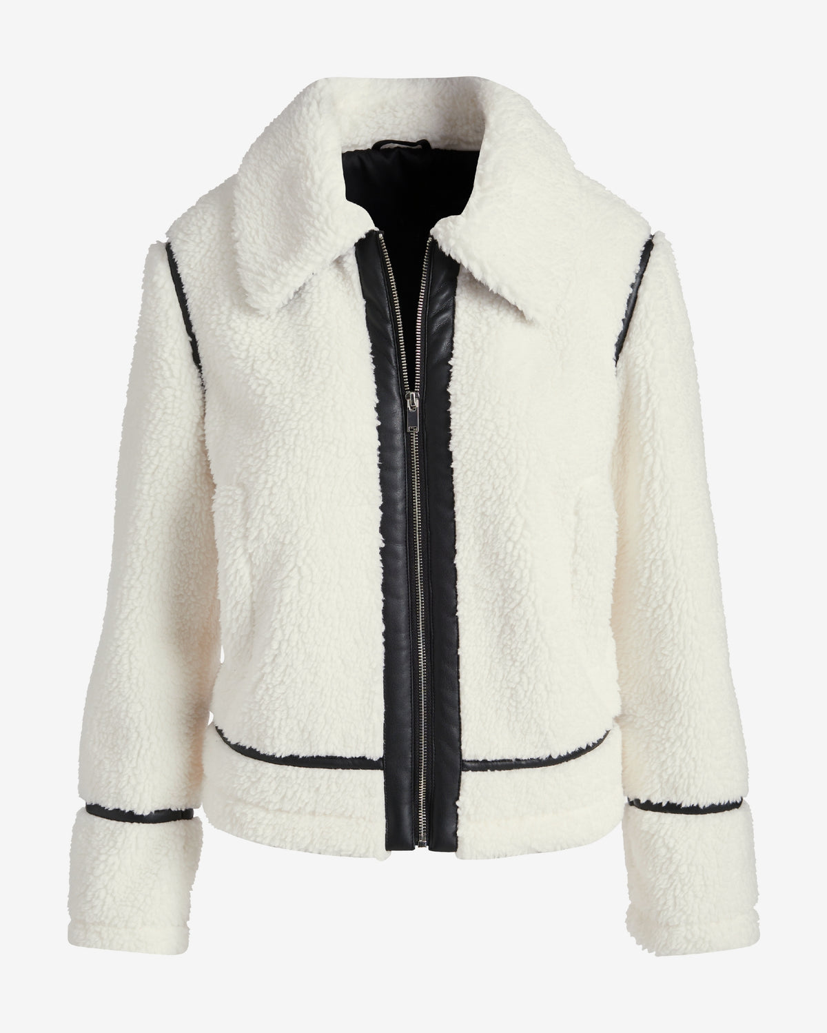 Faux Leather Trim Sherpa Coat Off White