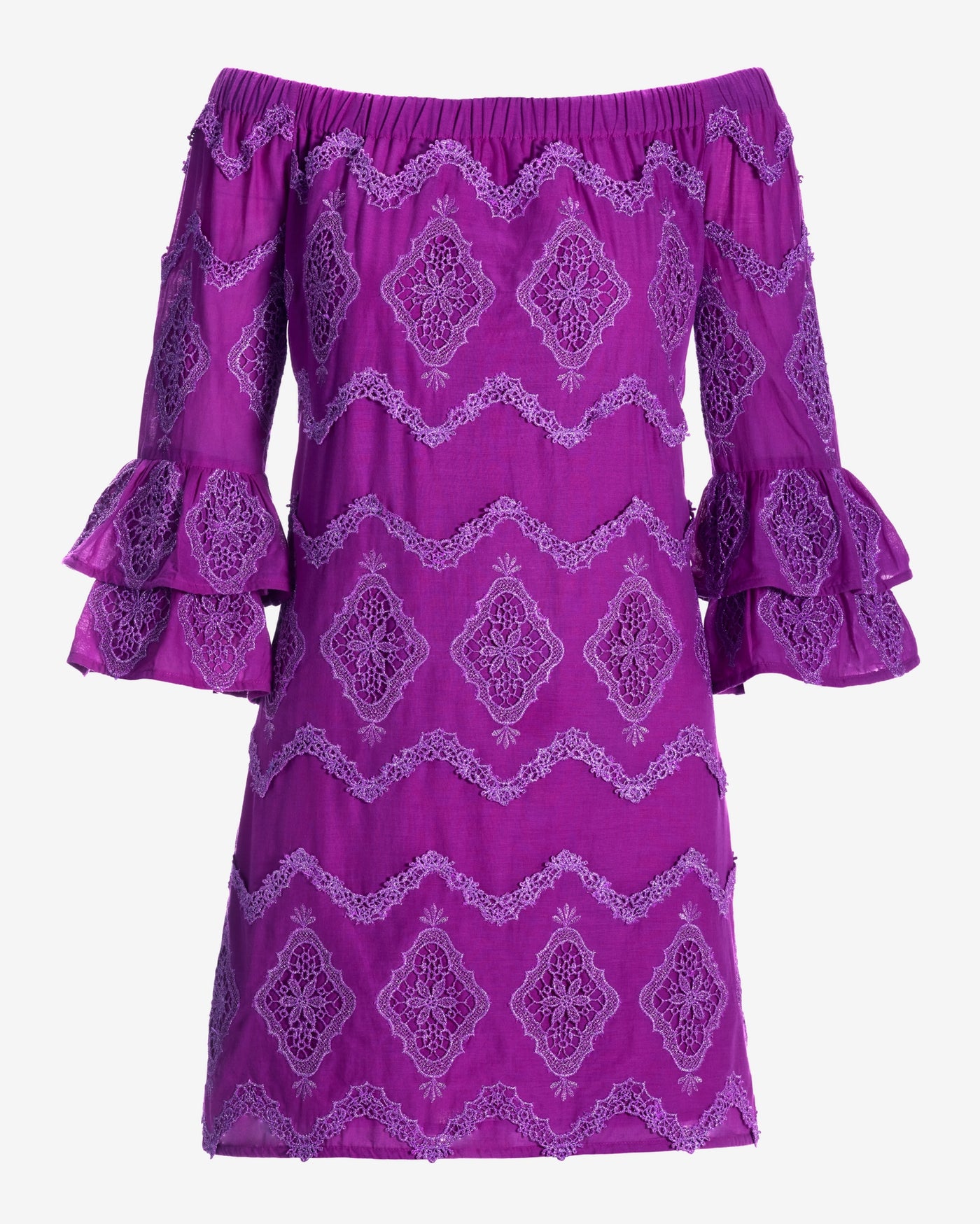 Metallic Lace Detail Off The Shoulder Shift Dress Purple Cactus Flower
