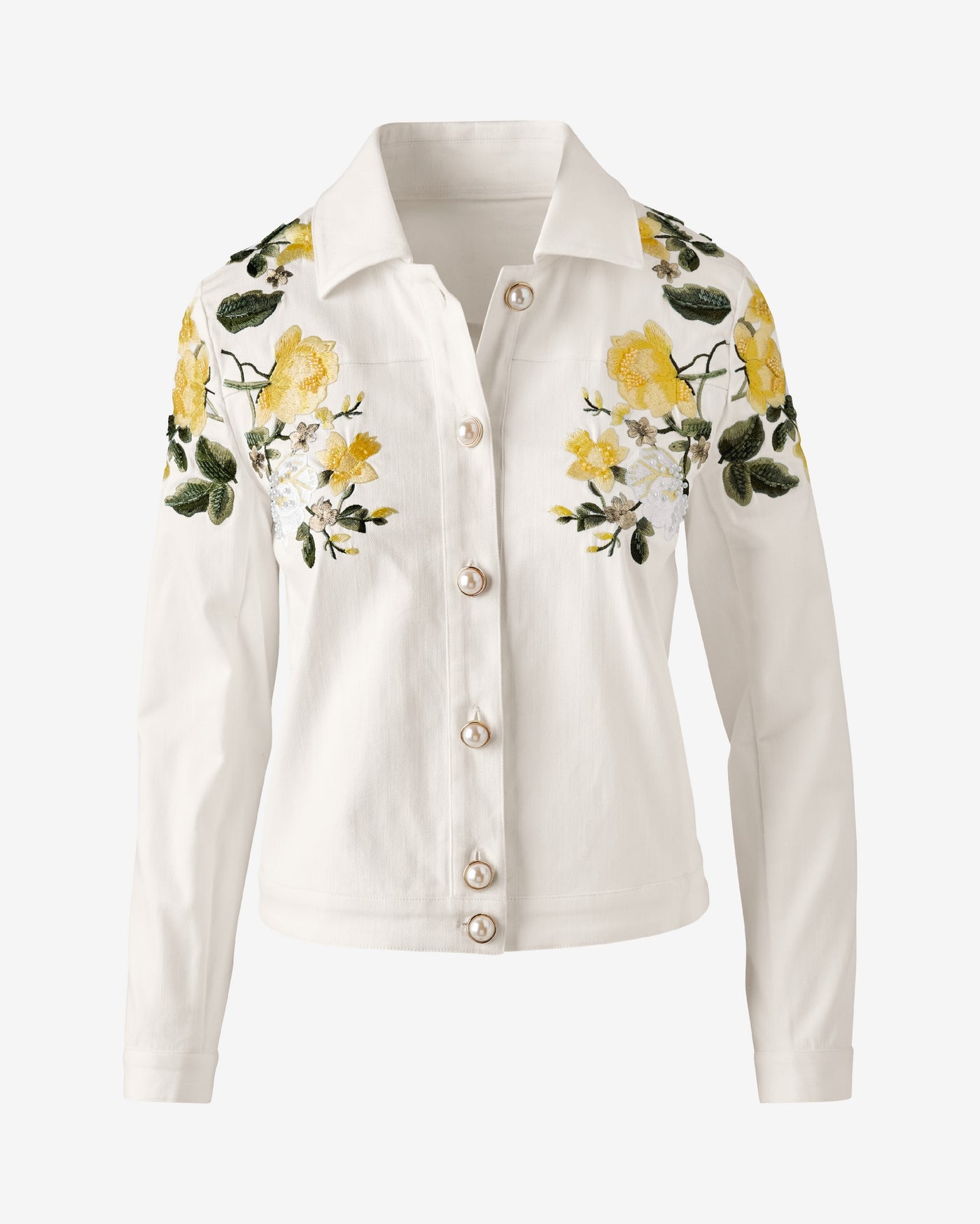 Denim Jacket with Floral Applique White Multi