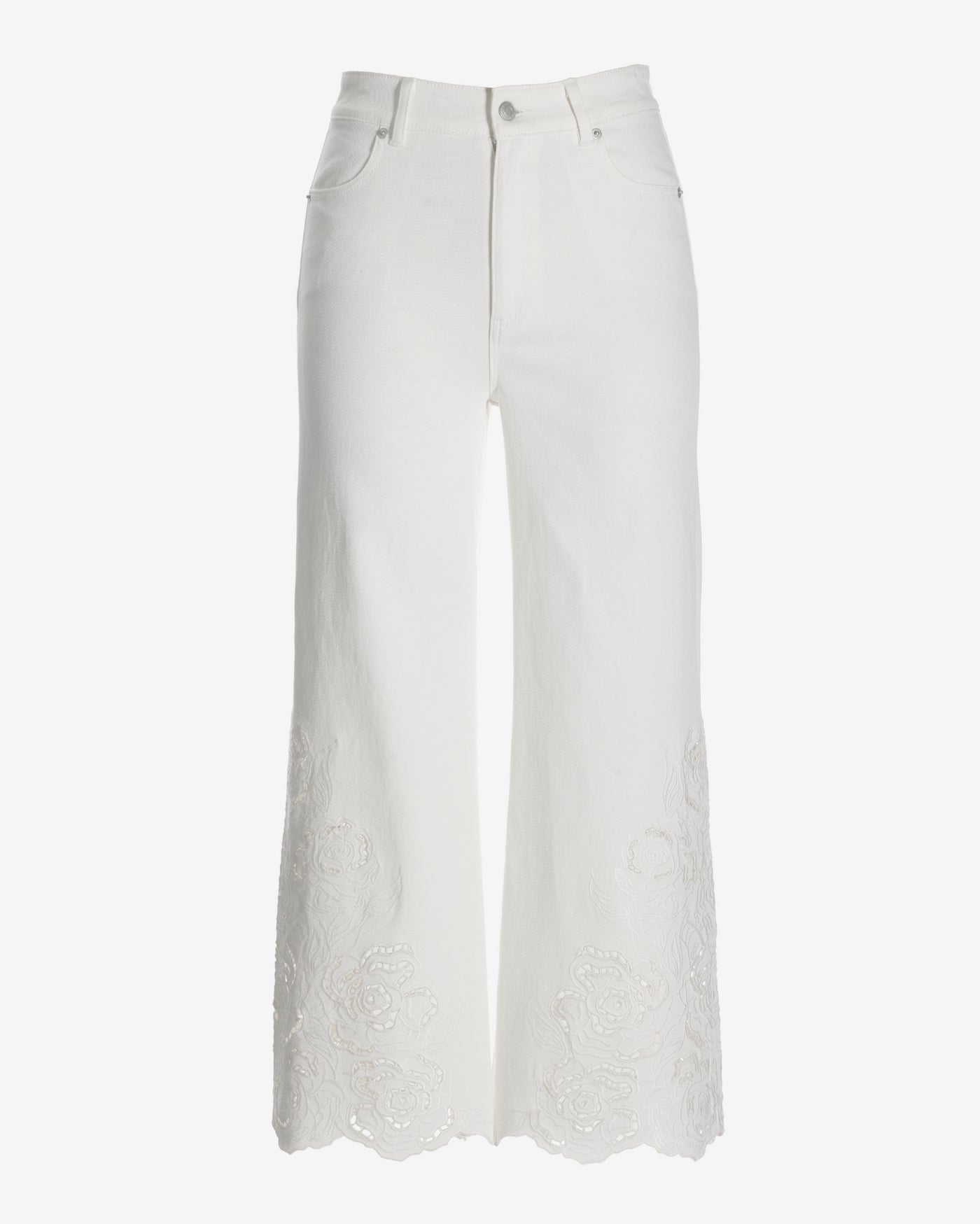 Malibu Embroidered Floral Wide Leg Crop Jean White