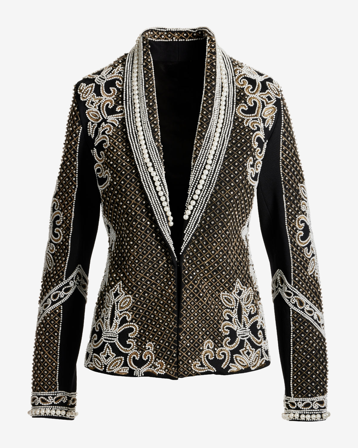 Over The Top Pearl and Rhinestone Embellished Shawl Collar Ponte Jacket Black Multi