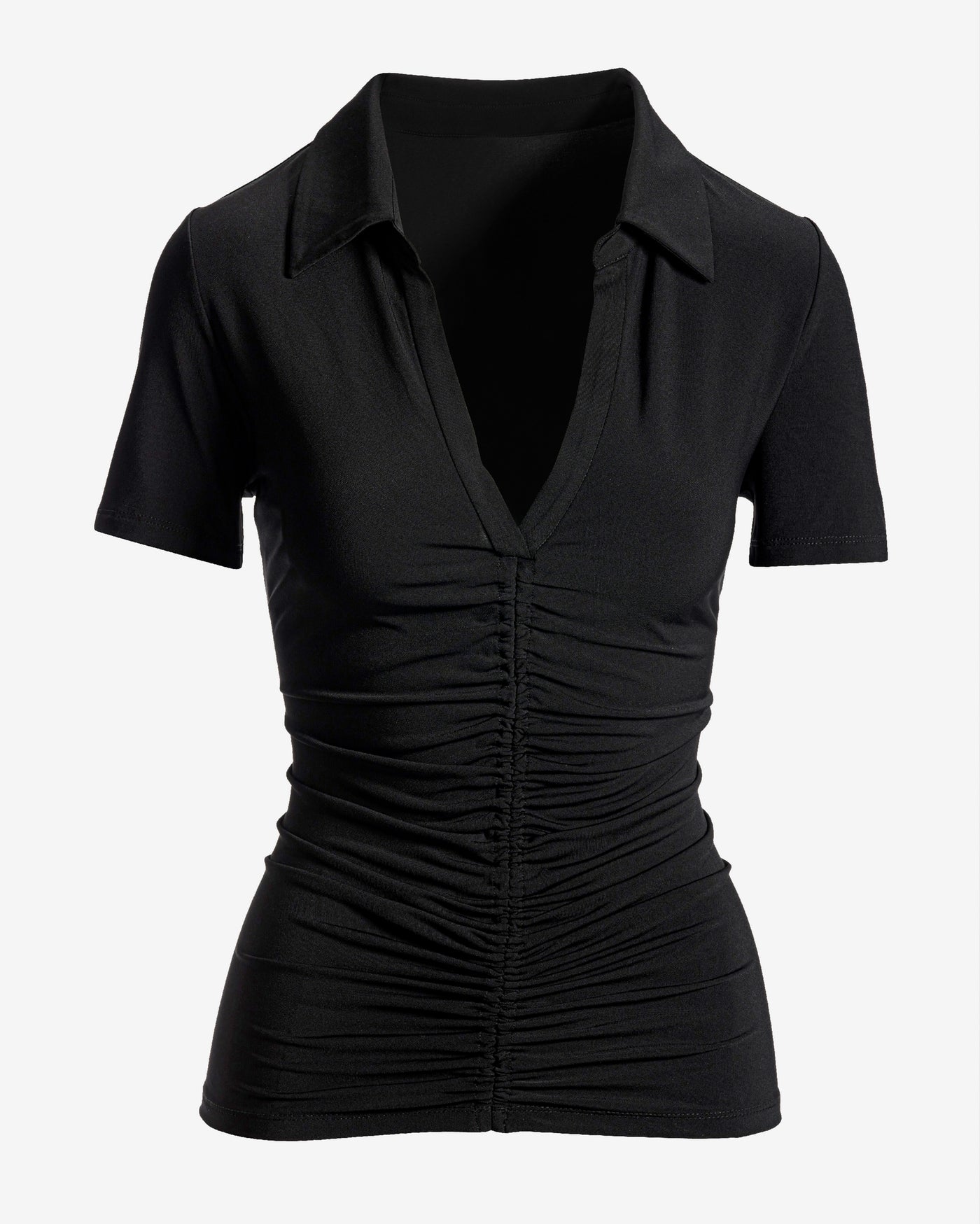 So Chic Collared Ruched Short Sleeve Top Proper Black