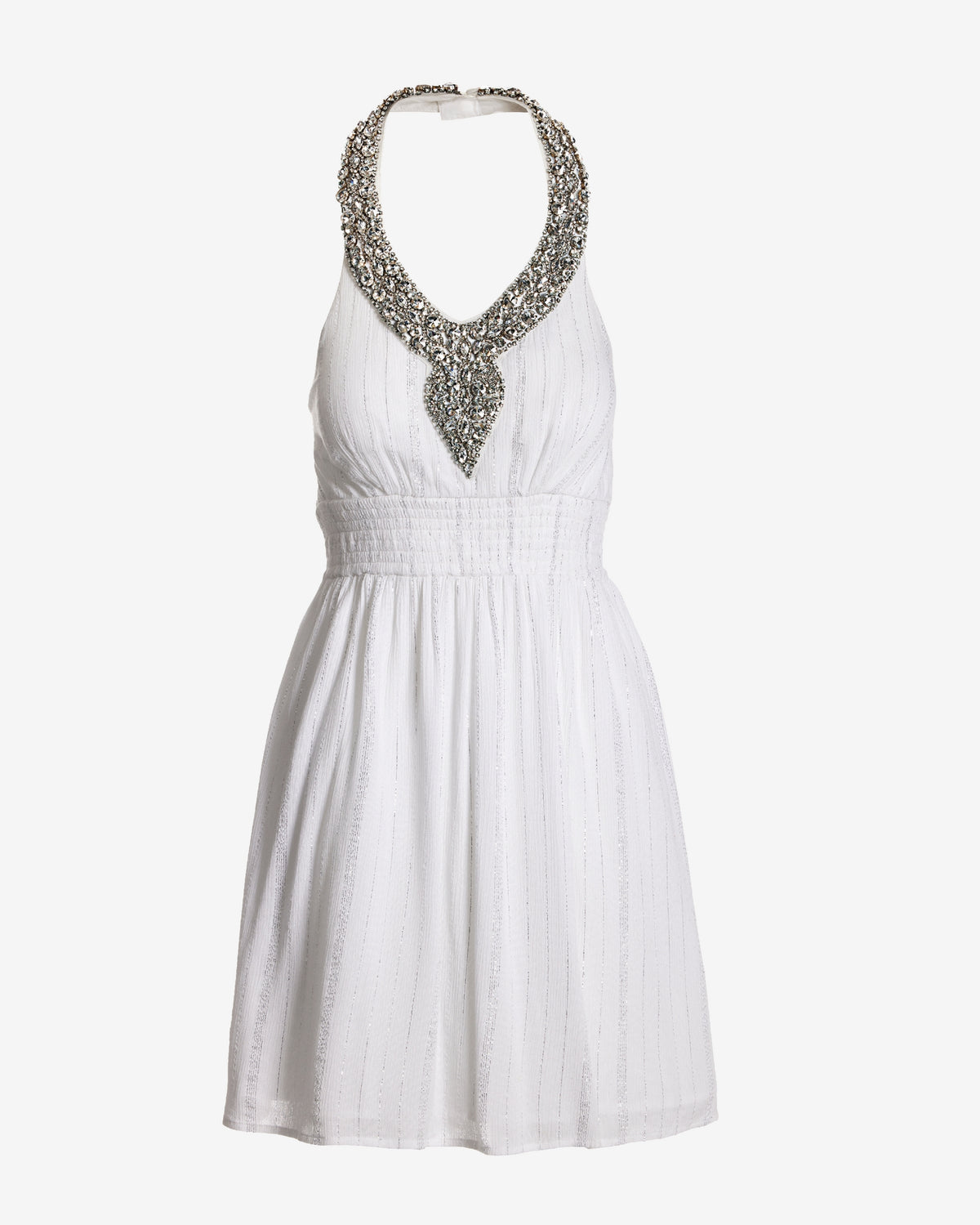 Crystal Embellished A Line Shimmer Gauze Dress White Silver