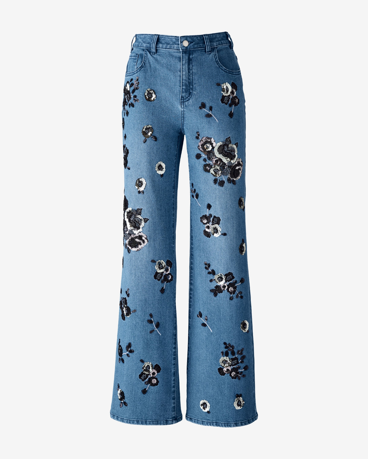 Dark Floral Sequin Embellished Jean Denim/Medium Wash