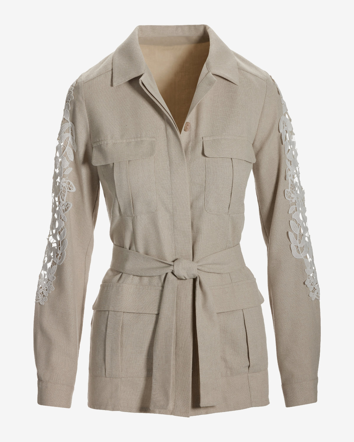 Lace Inset Linen Utility Jacket Tan