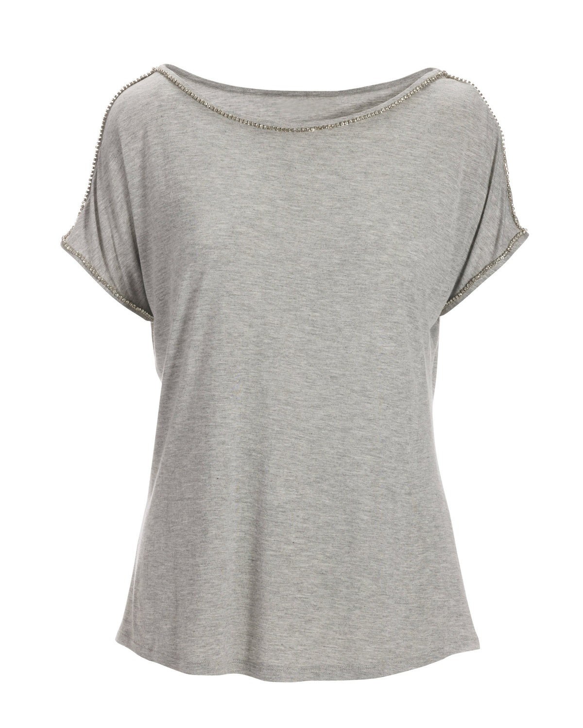 Rhinestone Trim Short-Sleeve Knit Tee Heather Gray