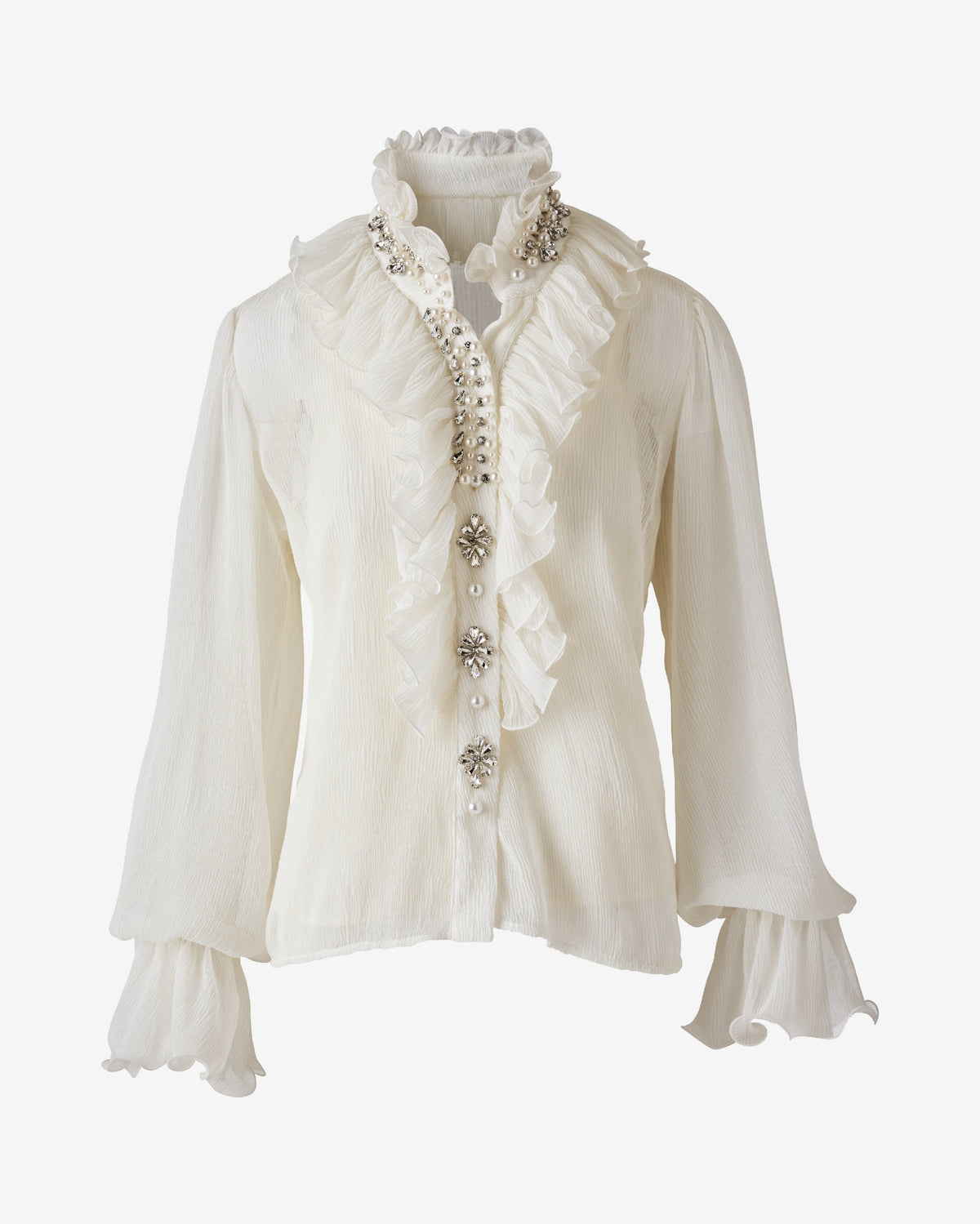 Embellished Novelty Ruffle Blouse Off White