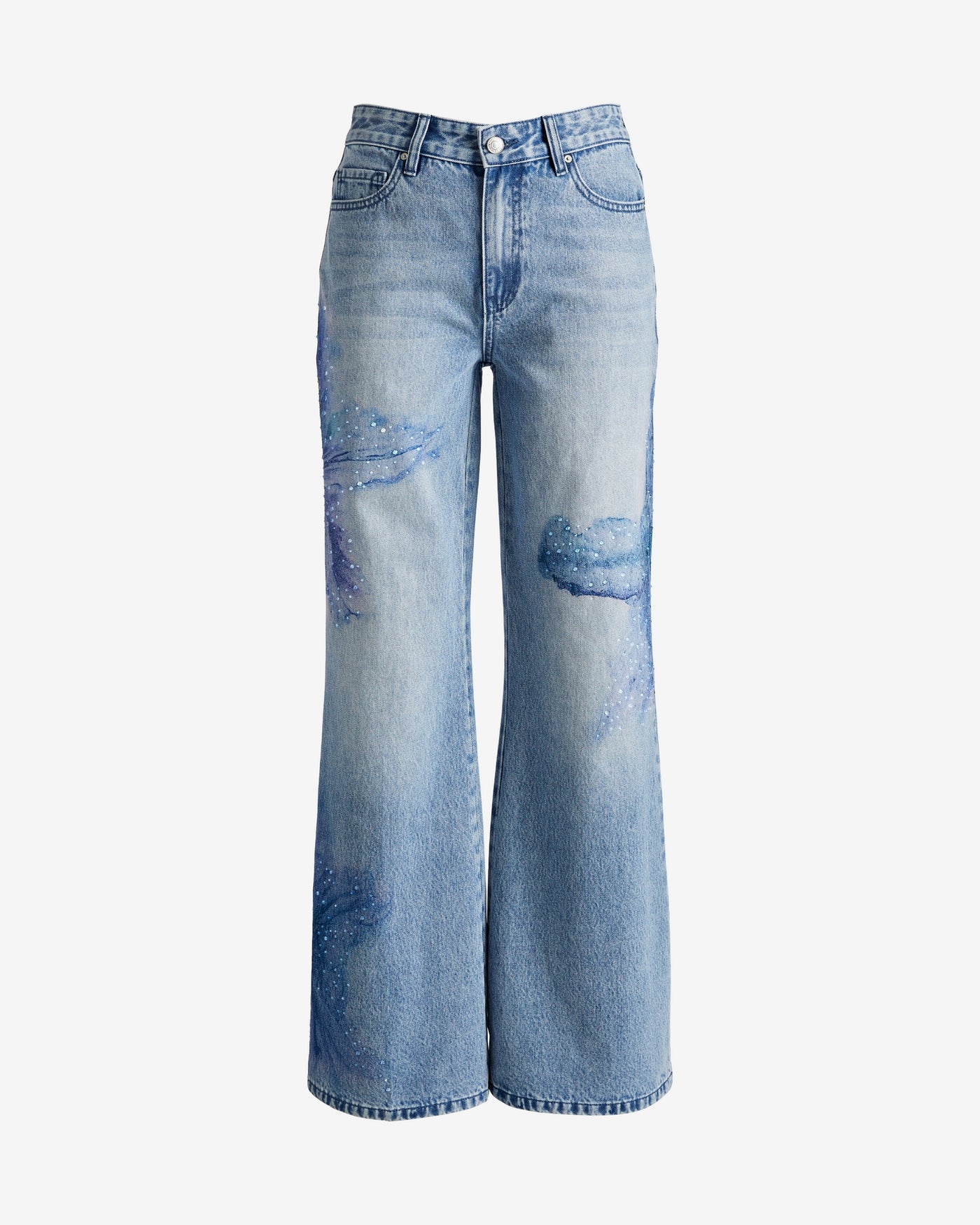 Wide Leg Floral Print Denim Jean Light Med Wash