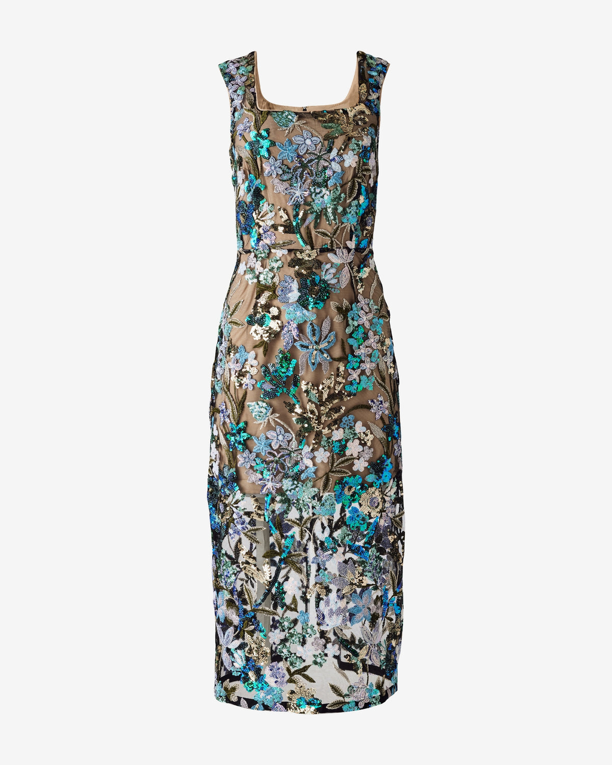 Novelty Floral Sequin Embellished Midi Dress Green/Blue Multi