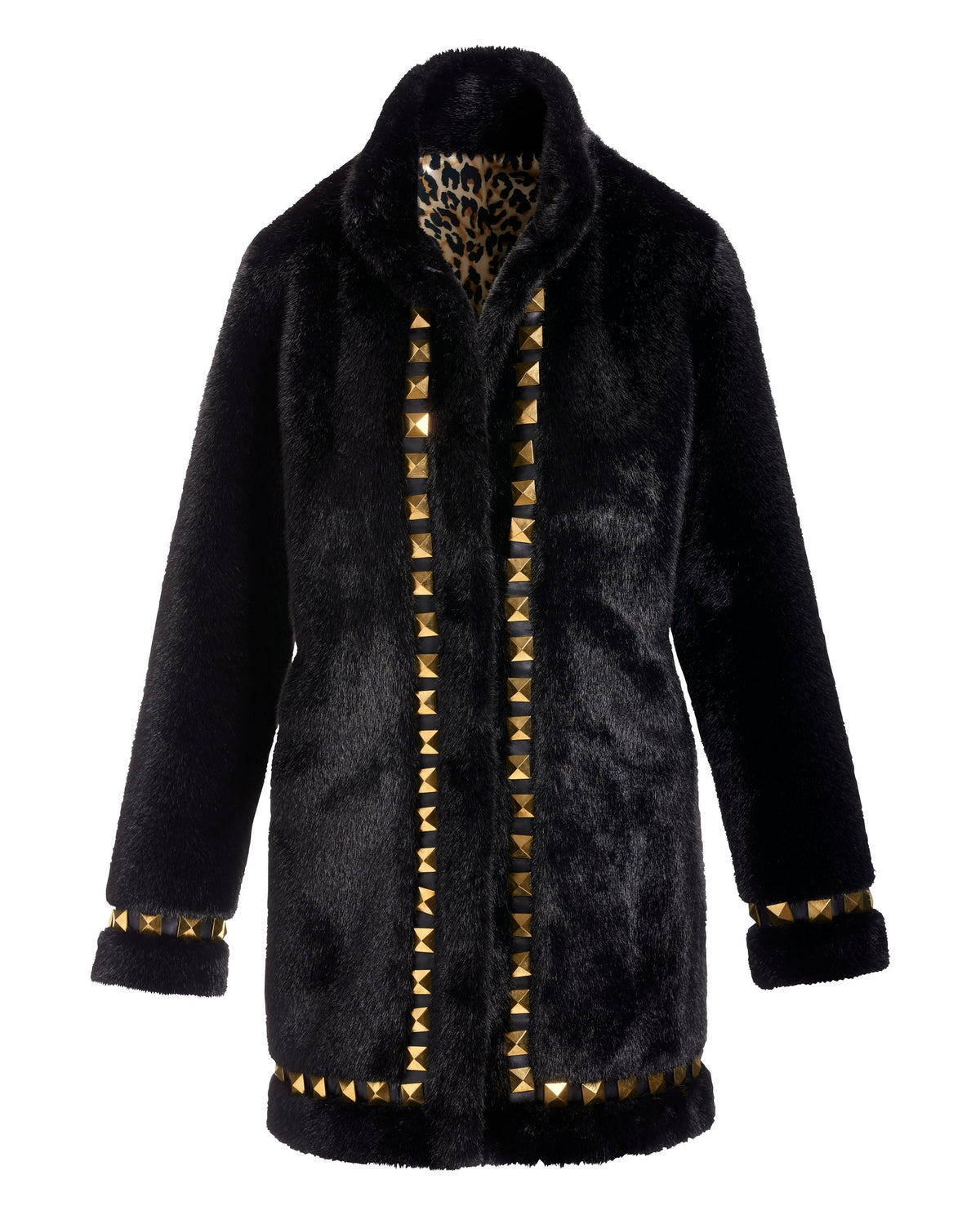 Faux Fur Studded Trim Coat Black