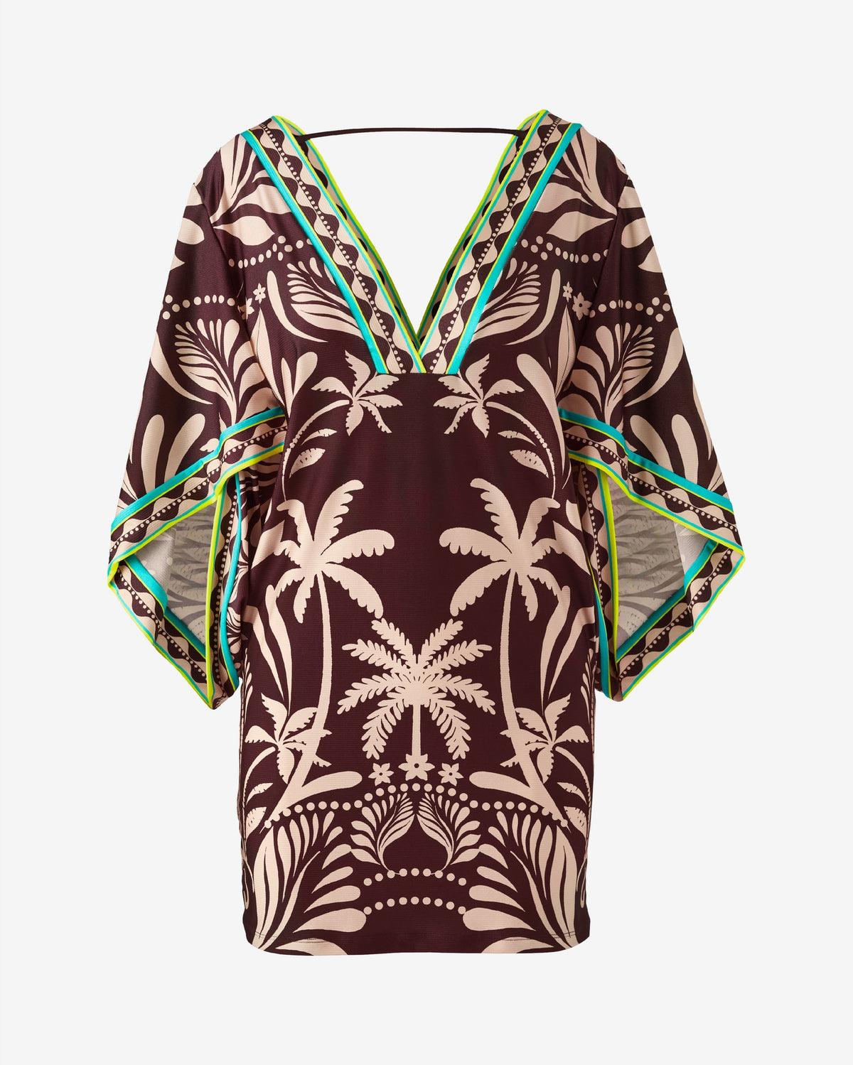 Trina Turk Palm Printed Border V Neck Tunic Swim Cover Up Brown Multi