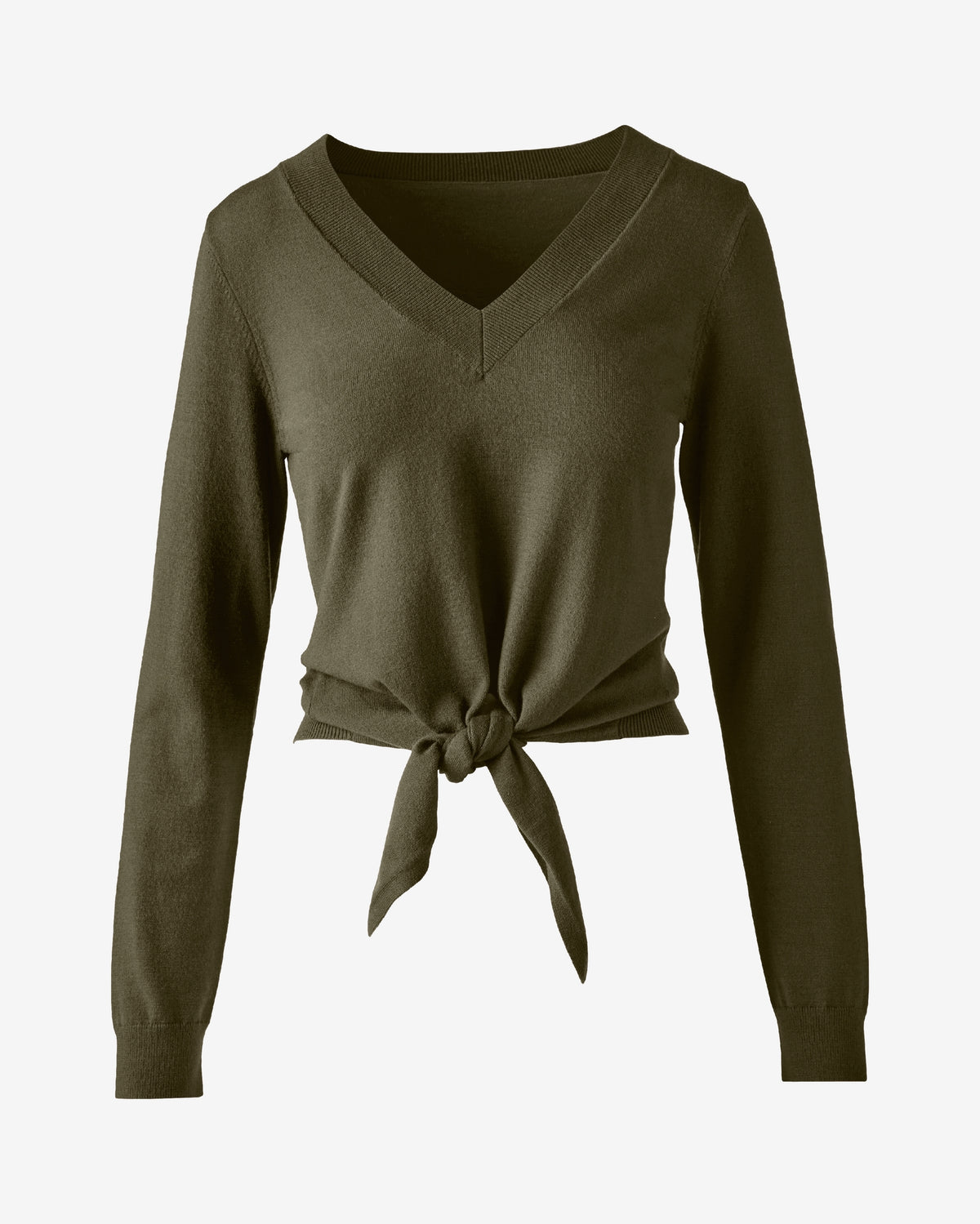 Lightweight V Neck Knot Front Sweater Olive Night