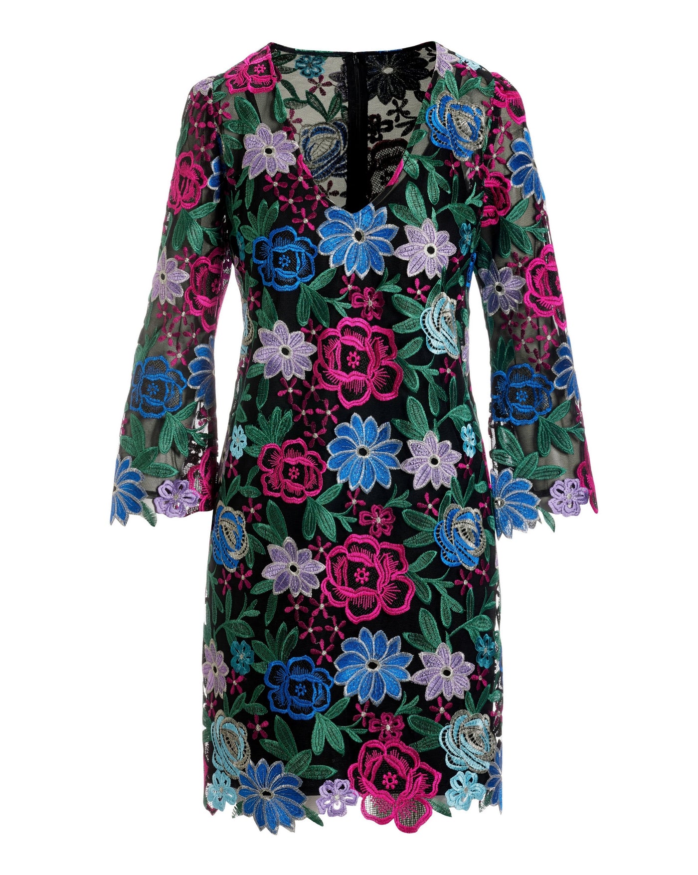 Jewel Tones Floral Lace Shift Dress Black Multi