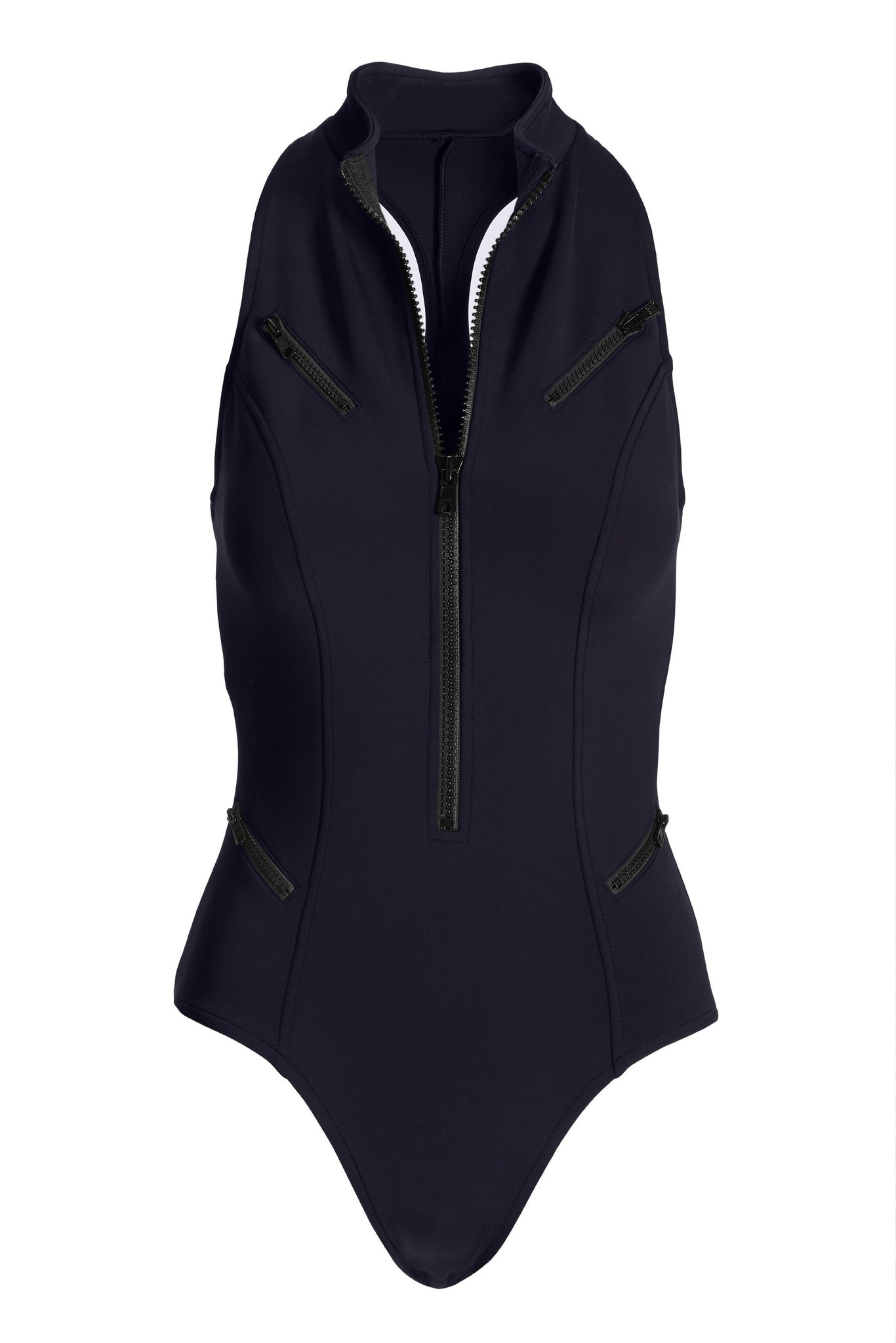 High Neck Zip Front Scuba One Piece Black