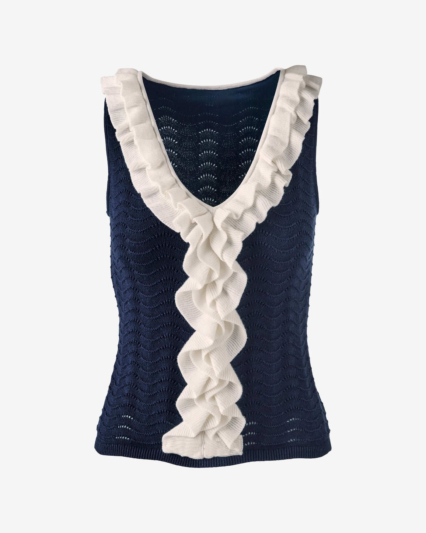 V-Neck Ruffle Front Sweater Navy/White